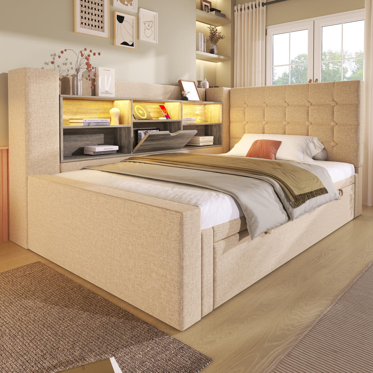 AUSZIEHBETT 90/200 cm DE-00756, in Beige, LED und L-Kopfteil - Beige, Metall (90/200cm) - ComfortXL