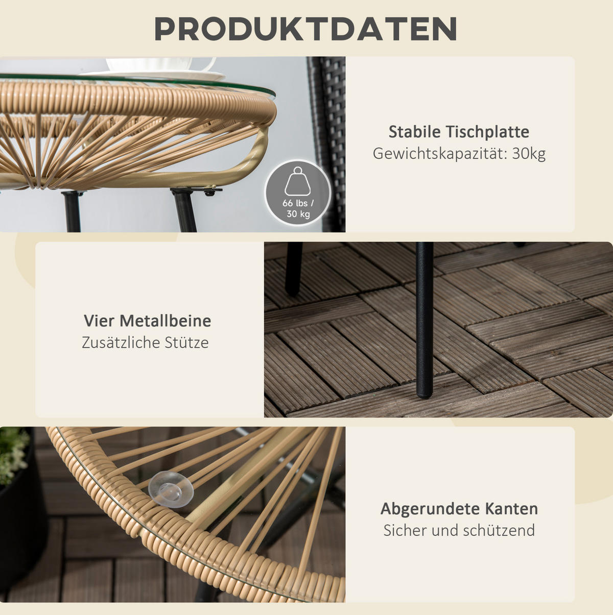 LOUNGETISCH 50/50/50 cm beige aus Rattan mit Glasplatte - Beige, Glas (50/50/50cm) - OKWISH