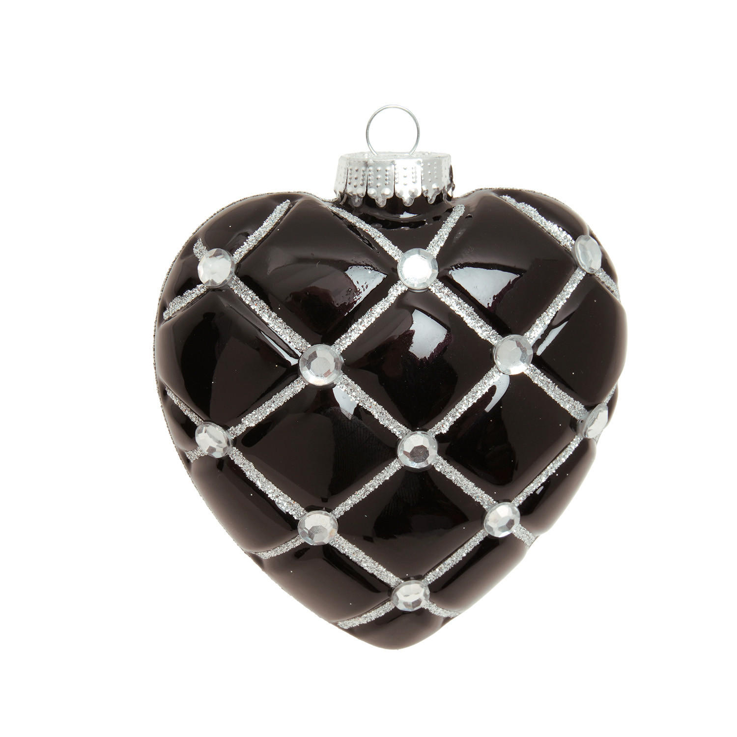 CHRISTBAUMSCHMUCK Herz mit Strassteinen Schwarz 10cm (Glas / 1 Stk.) - Schwarz, Glas (4/10/10cm) - Krebs Glas Lauscha