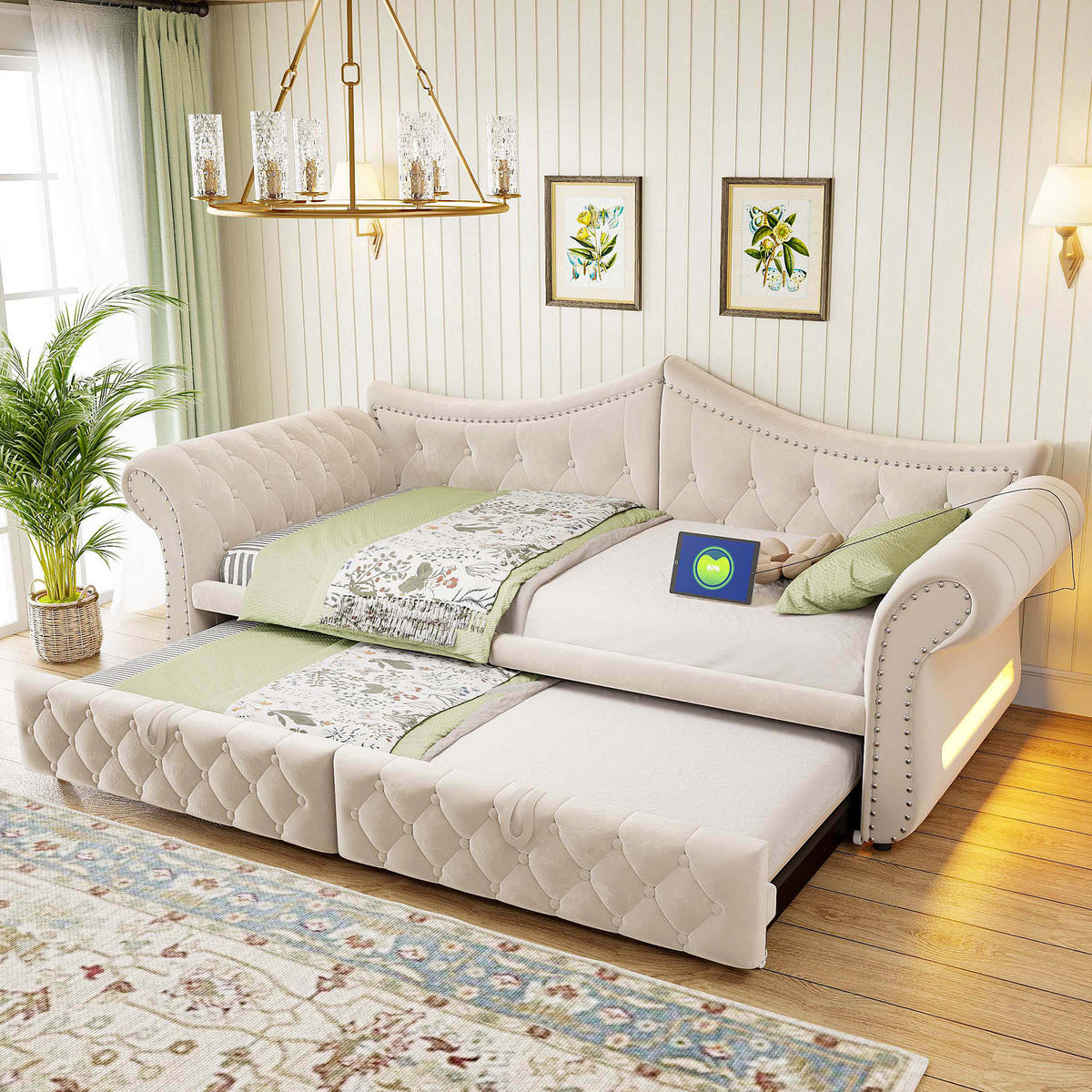 AUSZIEHBETT 90/180/200 cm mit USB und LED, DE-41723, in Beige - Beige, Metall (90/200cm) - ComfortXL