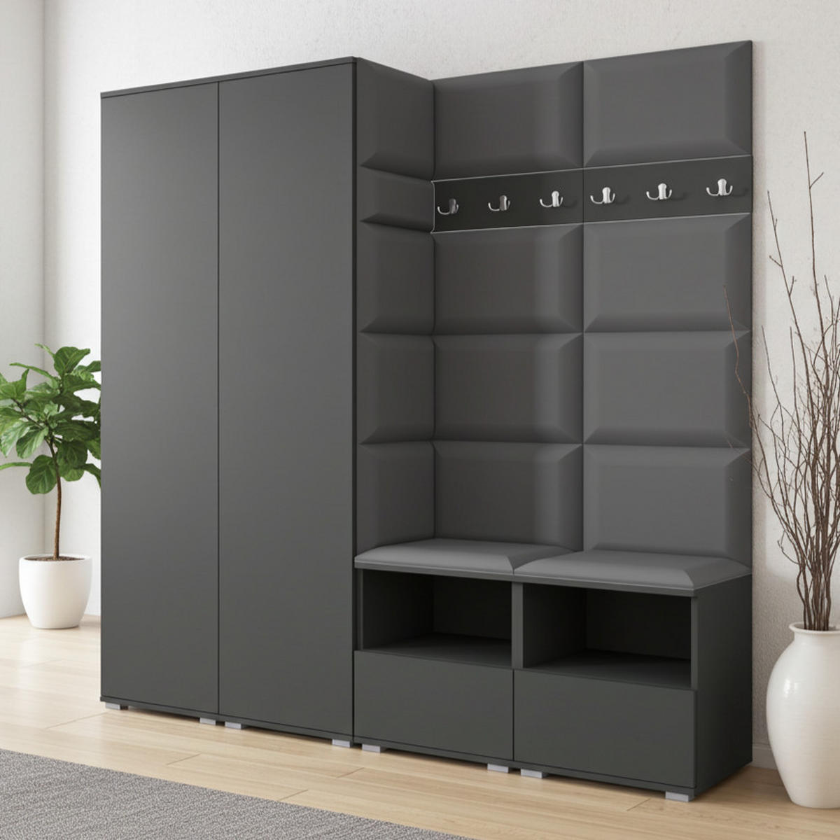 GARDEROBE NELA VI 200 cm (Kompaktgarderobe Graphit mit Sitzpolster Dunkelgrau 15 Schrank & Paneel) - Dunkelgrau/Silberfarben, Holz/Holzwerkstoff (200/187/40cm) - Ravio