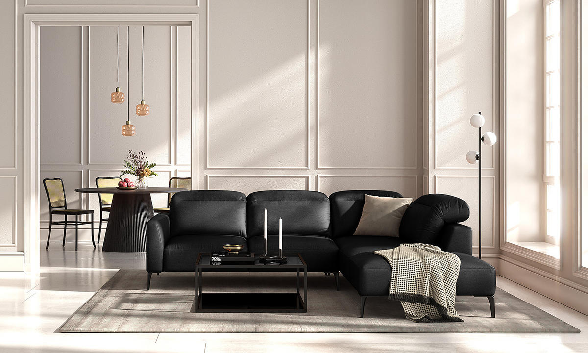 ECKSOFA mit Ottomane - Schwarz, Leder/Metall (263/238cm) - home24