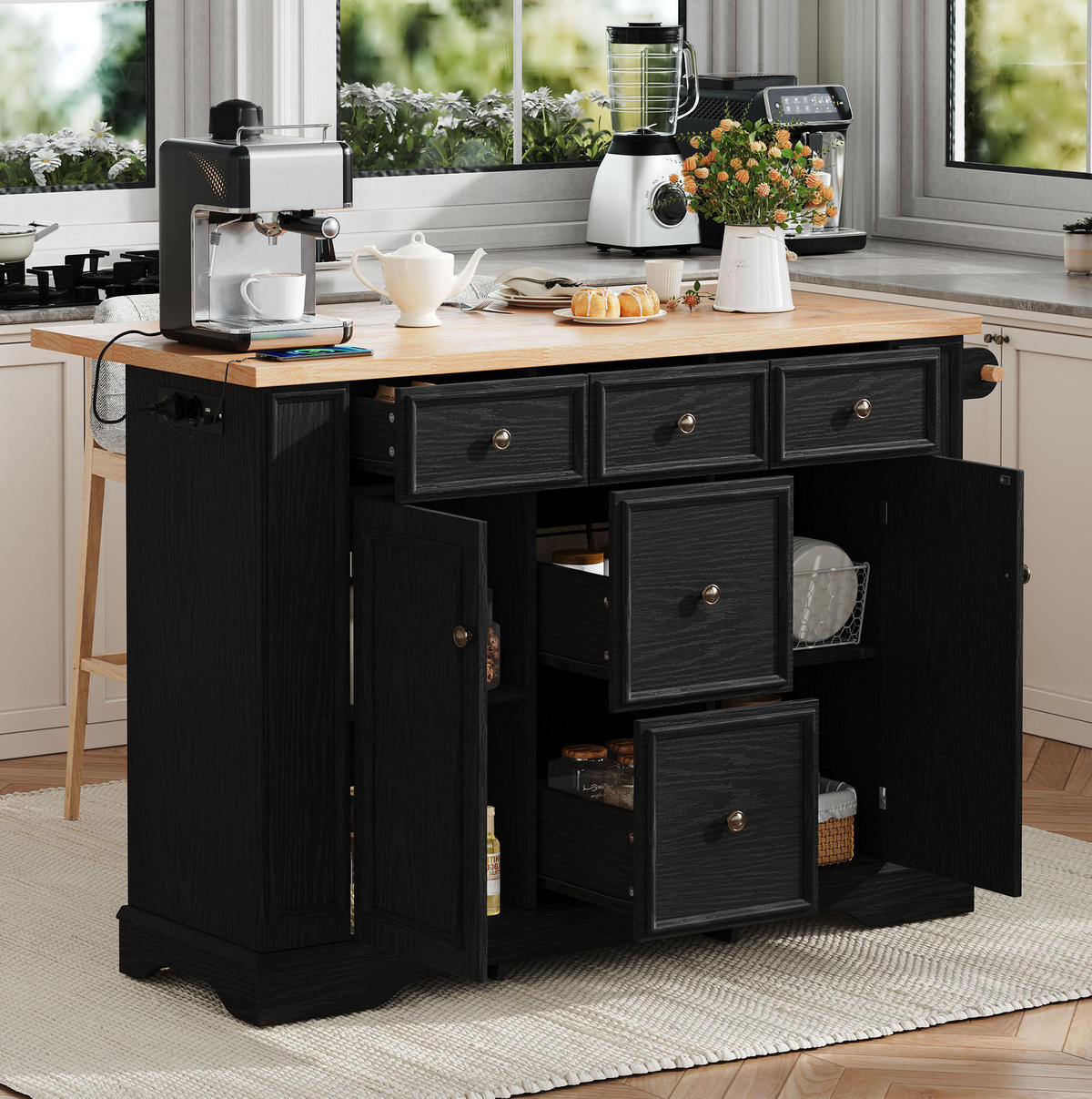 KÜCHENINSEL aus MDF 130.5x40-65x92 cm Schwarz mit klappbarer Platte & Ladestationc - Schwarz, Holzwerkstoff (130.5/92/65cm) - Modfu