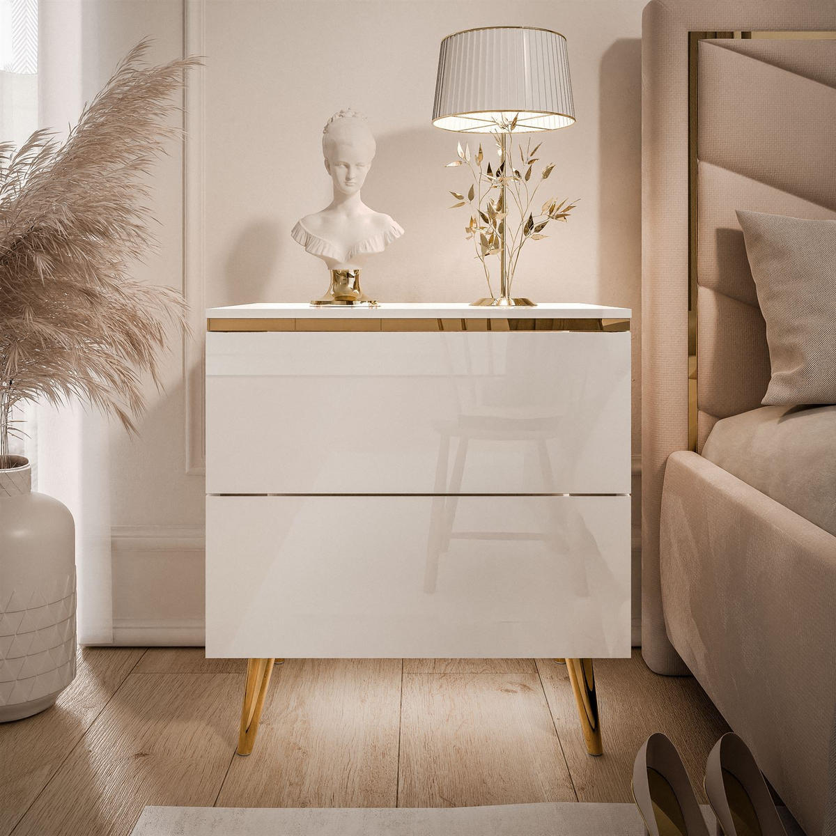 NACHTTISCH AURORA II auf schräge Gold Chrom Beine Weiß / Weiß hochglanz - Weiß Hochglanz/Goldfarben, Holzwerkstoff/Metall (50/53/37cm) - Lookway