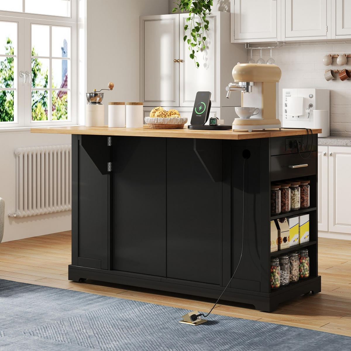 KÜCHENINSEL mit Klapparbeitsplatte, Steckdose, Auszieh-Müllraum, Schwarz-Holzoptik, 138/86/92 cm - Schwarz, Kunststoff (86/92/138cm) - Rolipo