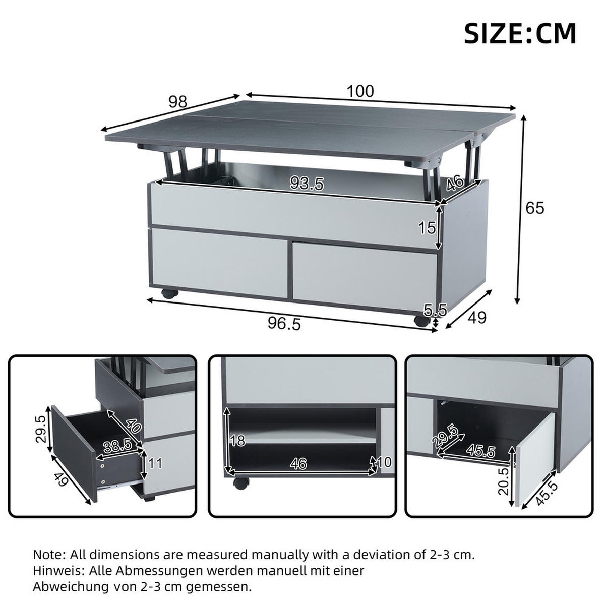 COUCHTISCH 100x98cm Höhenverstellbar Rollen Schubladen Esstisch Grau-Weiß - Grau, Holz (111.76/59.06/14.99cm) - FLIEKS