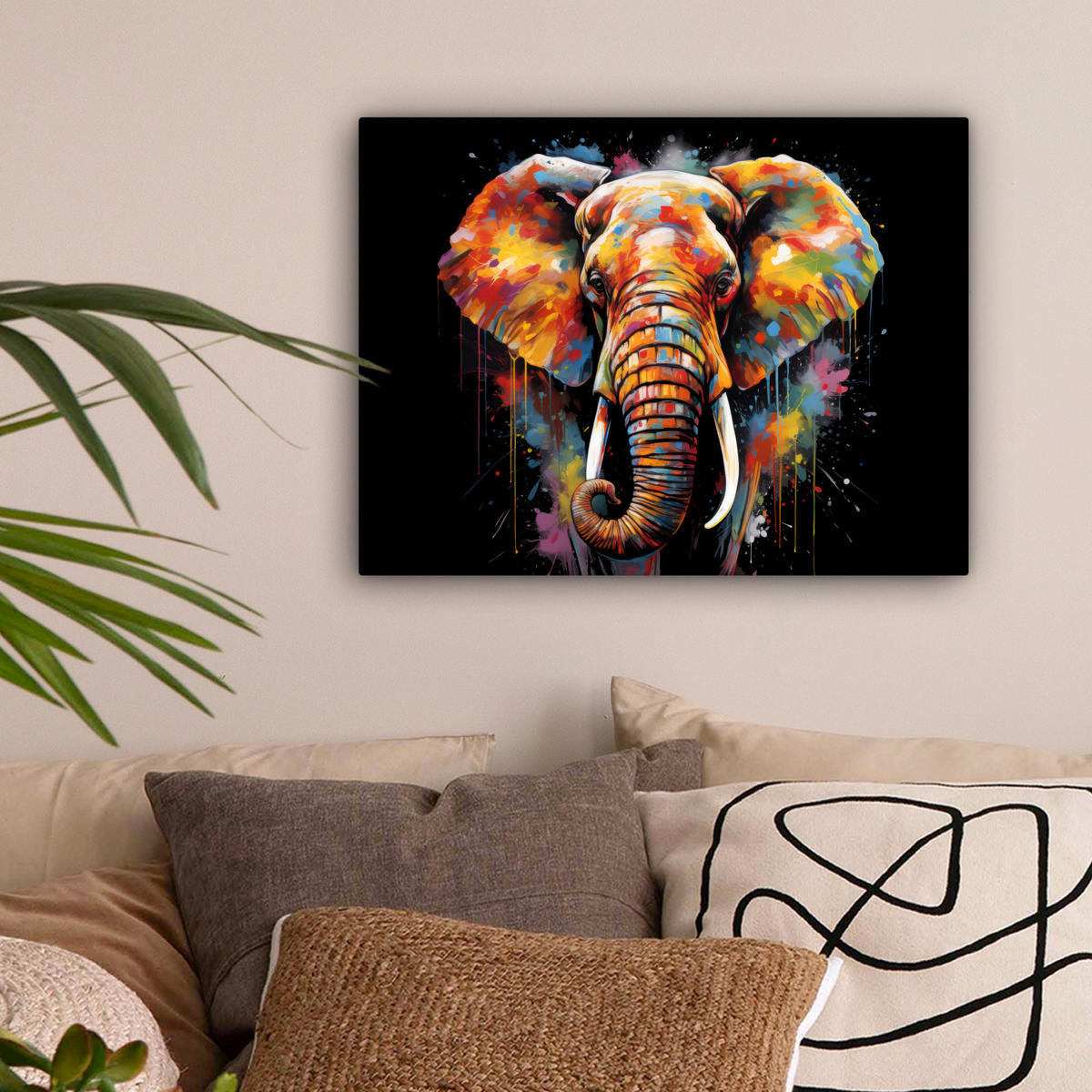LEINWANDBILD Elefant - Graffiti - Schwarz - Tiere - Farben 40x30 cm - Schwarz, Textil (40/30cm) - MuchoWow