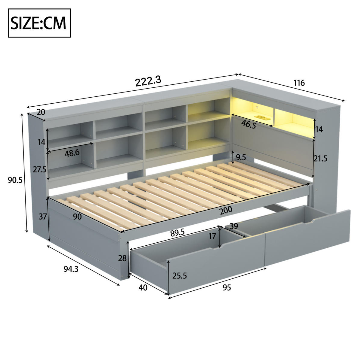HOLZBETT 90/200 cm mit Kopfteil, Stauraum und LED/USB in Grau - Grau, Holzwerkstoff (90/200cm) - BEAOK