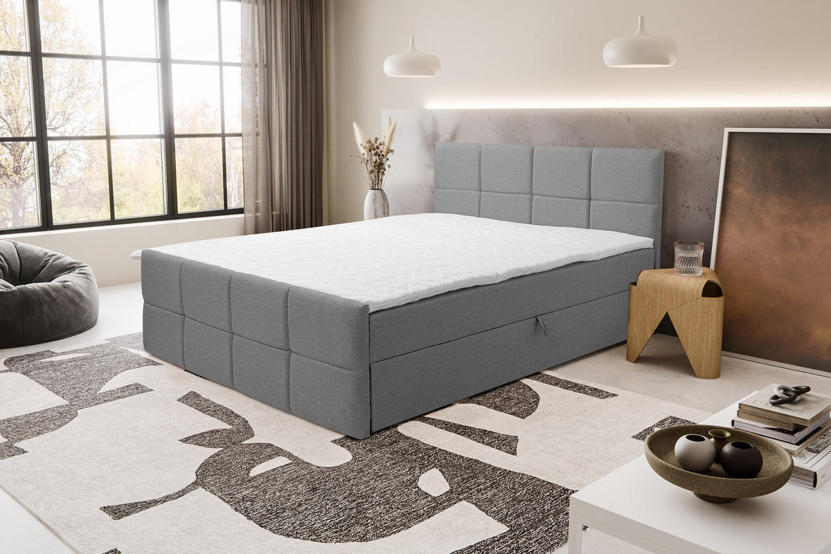 BOXBETT DORIS mit 2 Bettkästen, 180x200, Farbe: Grau, Velourstoff, mit Bonell-Matratze inkl. Topper - Grau, Holz/Kunststoff (180/200cm) - VENASI MÖBEL