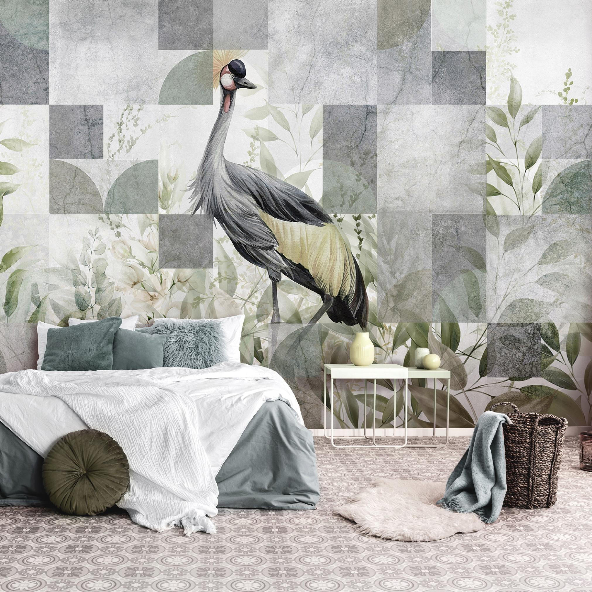 FOTOTAPETE Vogel Blätter Grau 254x184 cm - Multicolor, Textil (254/184cm) - Wallarena