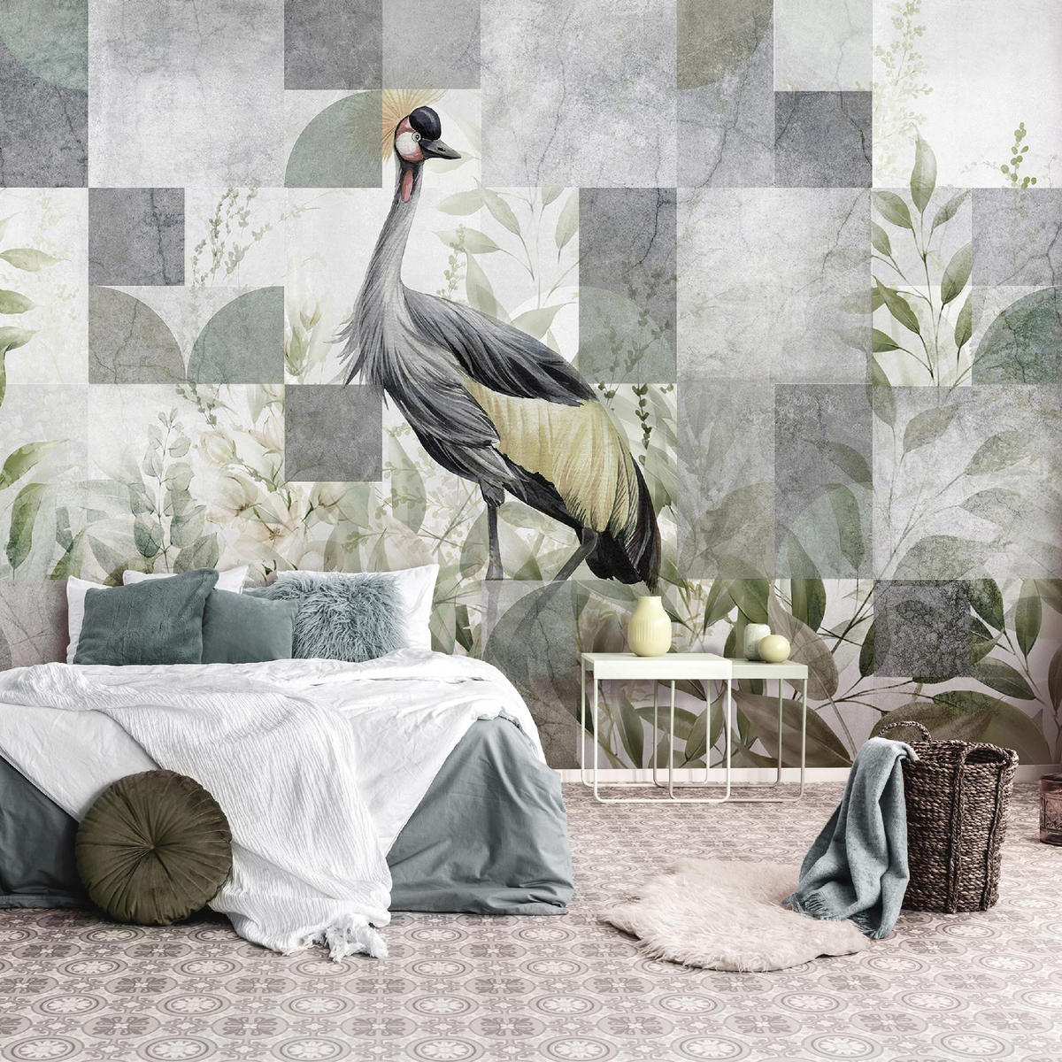 FOTOTAPETE Vogel Blätter Grau 312x219 cm - Multicolor, Textil (312/219cm) - Wallarena