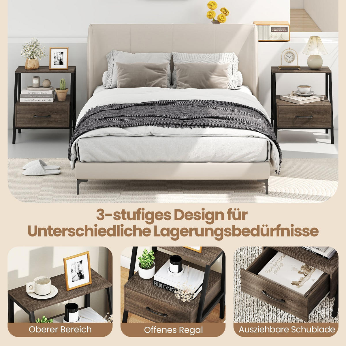 NACHTTISCH mit Schublade, offenes Regal und Metallrahmen, 45 x 35 x 52,5 cm - Grau, Holzwerkstoff (45/52.5/35cm) - DESIGN IN