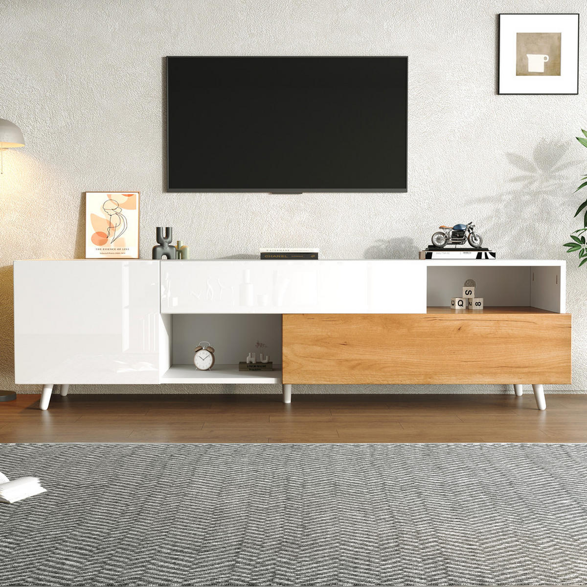 TV-SCHRANK 180x38cm Lowboard Hochglanz 1 Schublade 7 Fächer bis 75 Zoll - Weiß, Holz (52.98/22.99/56.01cm) - FLIEKS