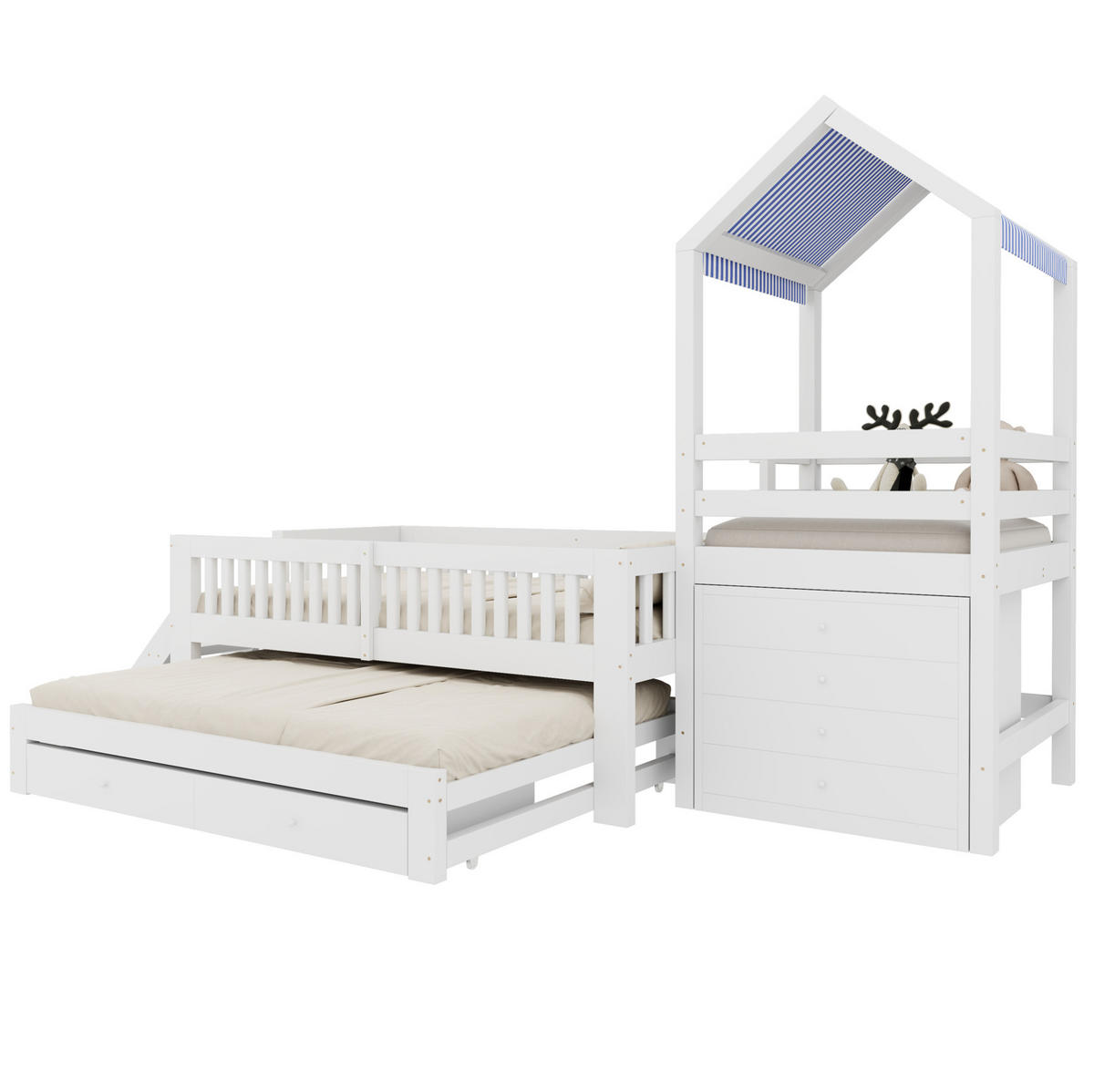 KINDERBETT aus Massivholz 90x200 cm Weiß mit Ausziehbett, Stauraumtreppe und Schubladen - Weiß, Holz (90/200cm) - IVMEU