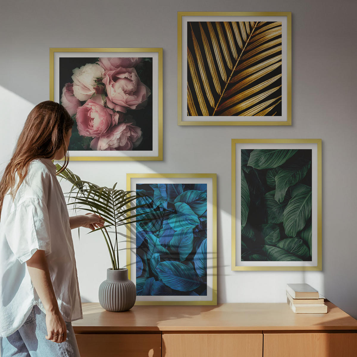 BILDER SET 4er Set - 50x50 cm & 40x60 cm Goldrahmen - Blätter und Blüten in verschiedenen Farben - Goldfarben, Kunststoff (50/50cm) - TULUP