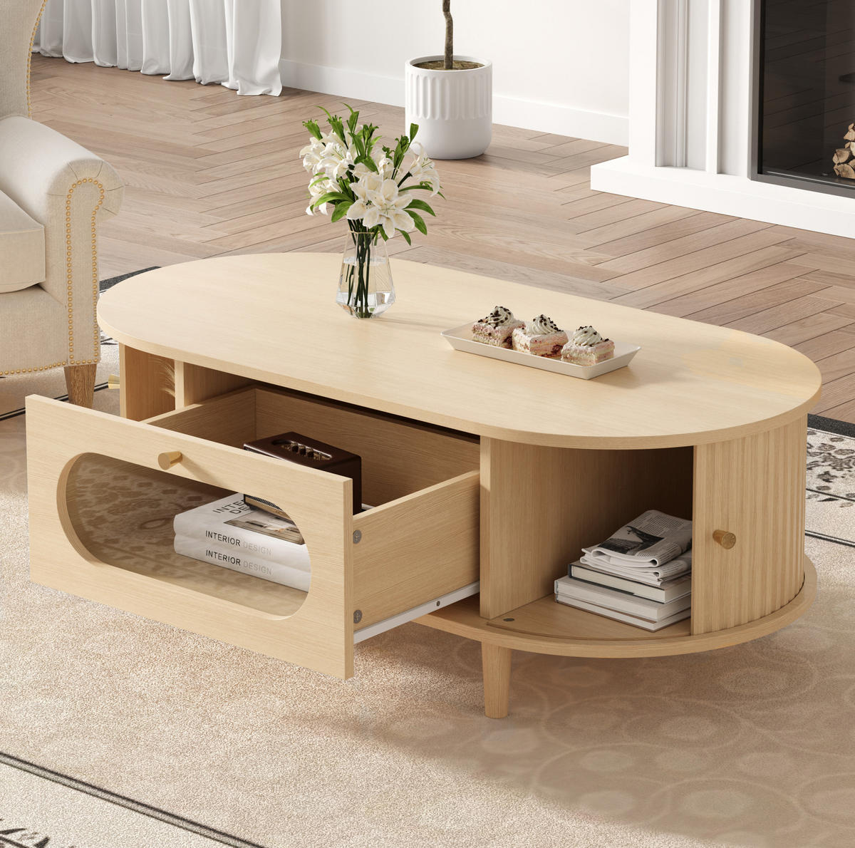 COUCHTISCH aus MDF 100x50x36 cm Eiche mit Schublade und Rollladentüren - Eichefarben, Holzwerkstoff (100/50/36cm) - IVMEU