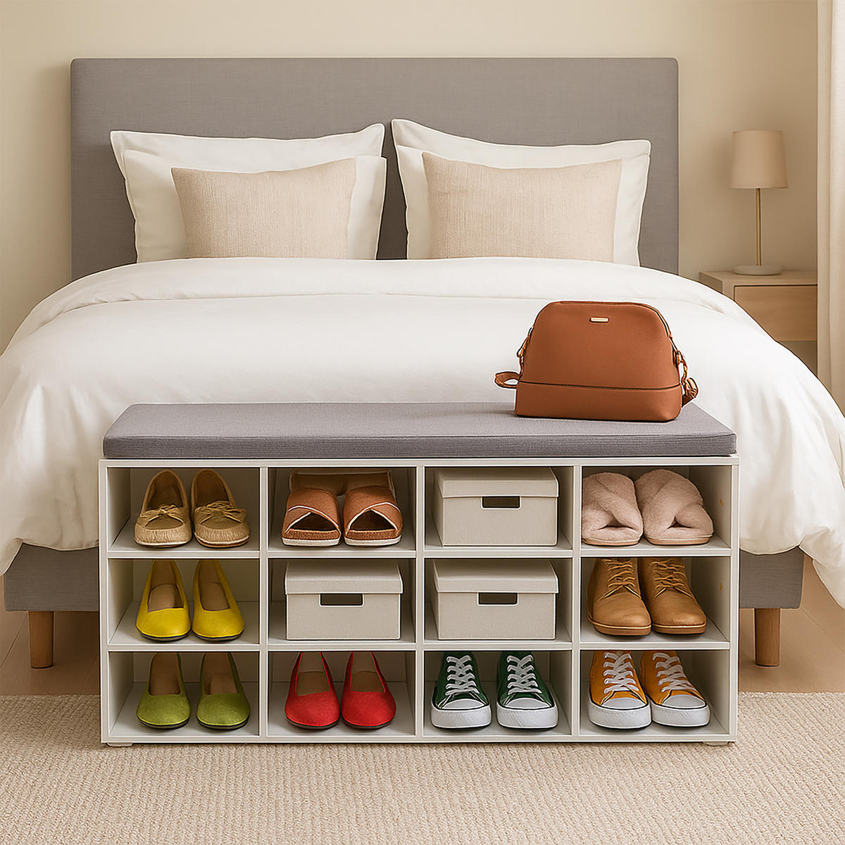 SCHUHBANK - Weiß/Grau, Holz/Holzwerkstoff (78.5/48/30cm) - Relaxdays