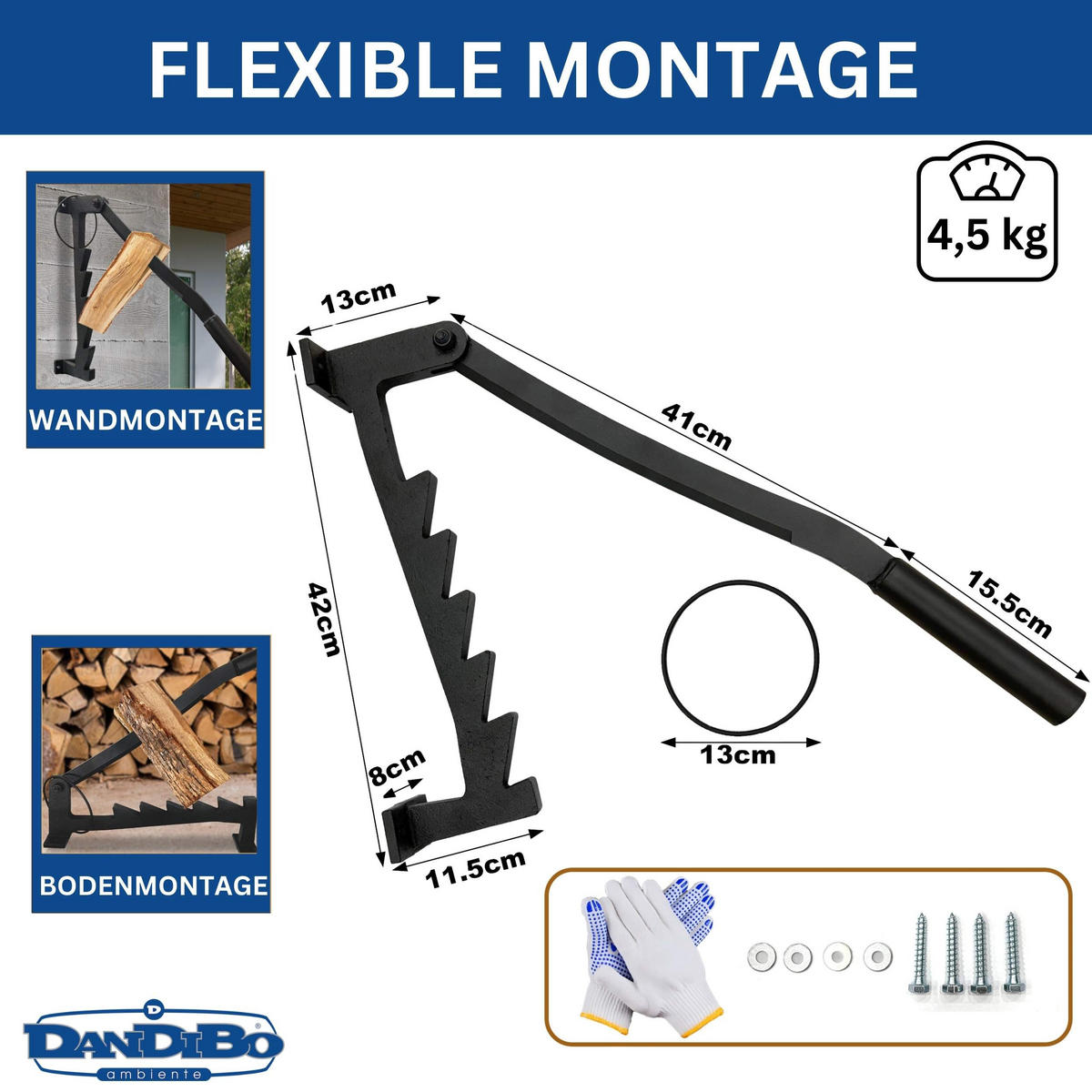 HOLZSPALTER manuell zur Wandmontage Metall Schwarz 42 cm - Schwarz, Metall (13/42/41cm) - DanDiBo
