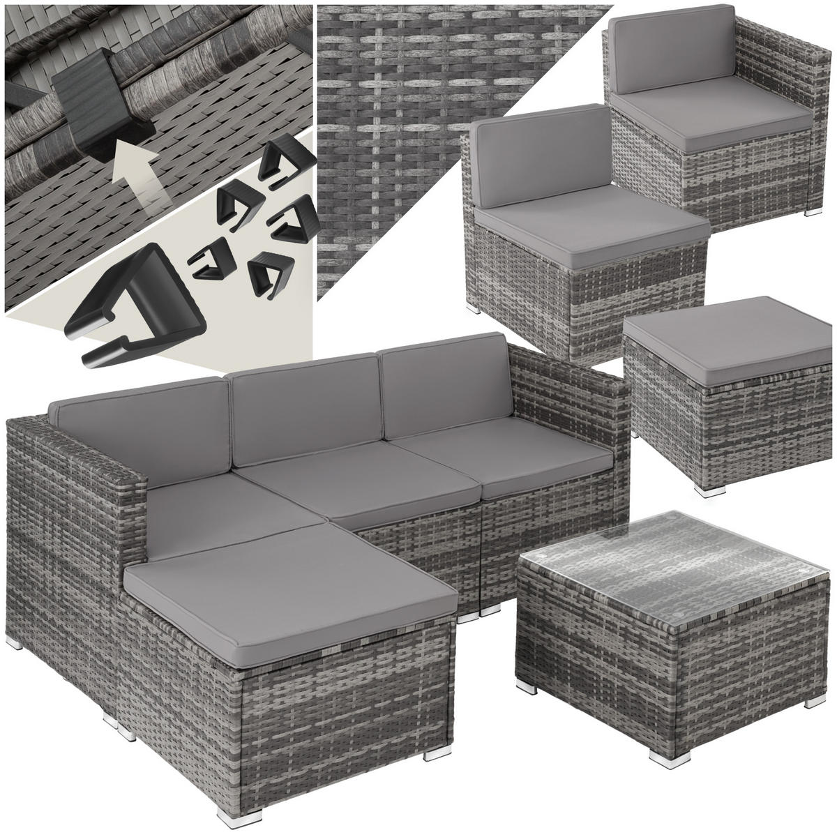 RATTANLOUNGE Lignano,variabel aufstellbar,grau - Grau, Kunststoff - tectake