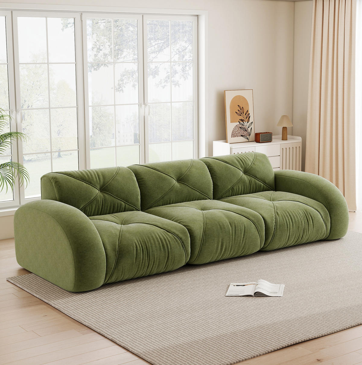 3-SITZER Sofa rahmenlos mit Chenille-Bezug, 32D-Schaumstoff und flexiblem Aufbau, Grün - Grün, Textil (281/76/95cm) - Redom