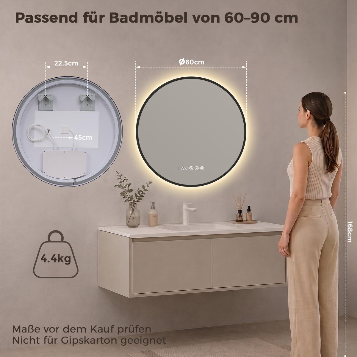 BADSPIEGEL mit Beleuchtung 60 cm rund schwarz mit Aluminiumrahmen, LED dimmbar und Antibeschlag - Schwarz, Glas (60/60/3.3cm) - S'AFIELINA