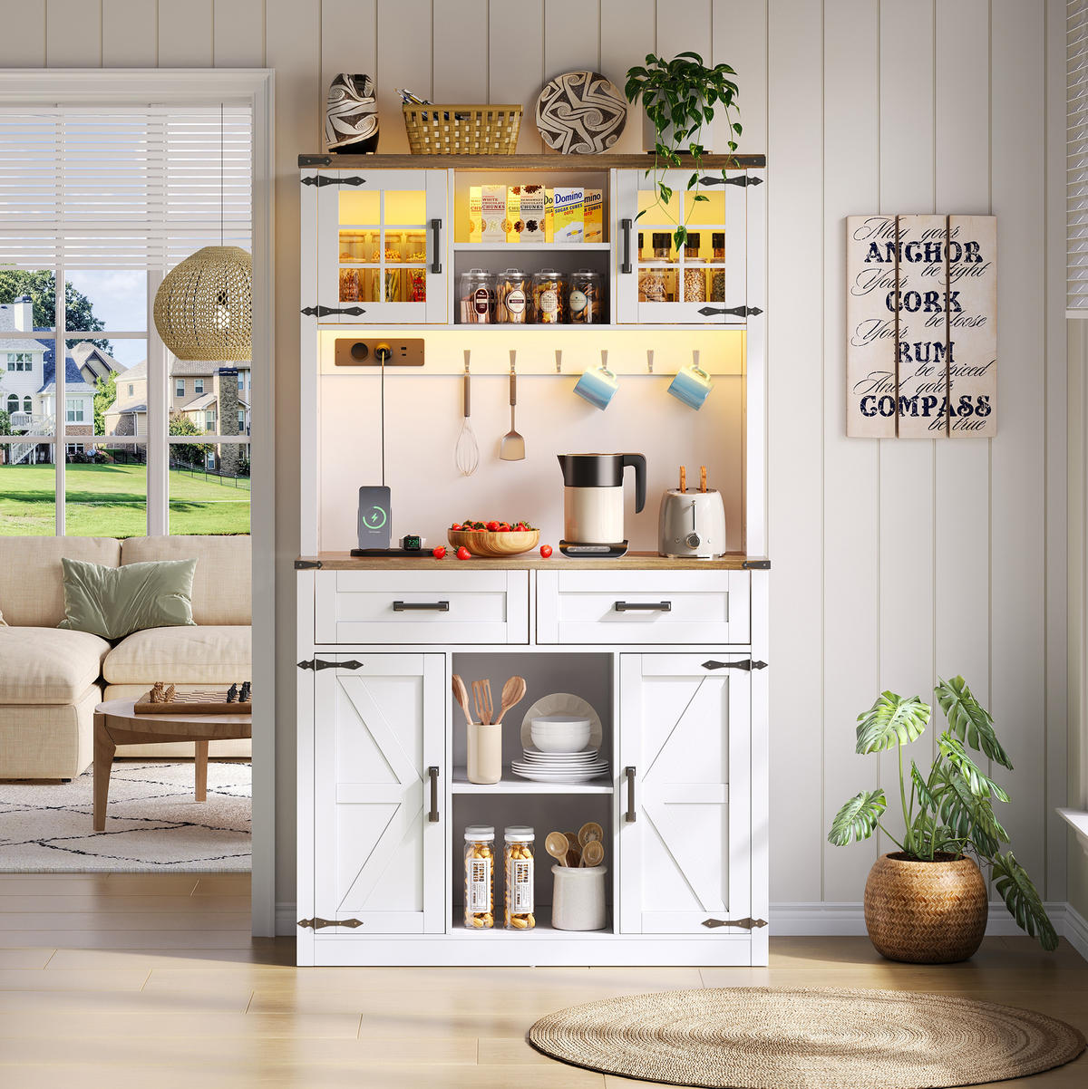 BUFFET aus MDF 100x40x172 cm Braun-Weiß mit LED-Beleuchtung, Steckdosen, USB-C und verstellbaren Einlegeböden im Scheunentor-Design - Braun, Holzwerkstoff (100/172/40cm) - Modfu