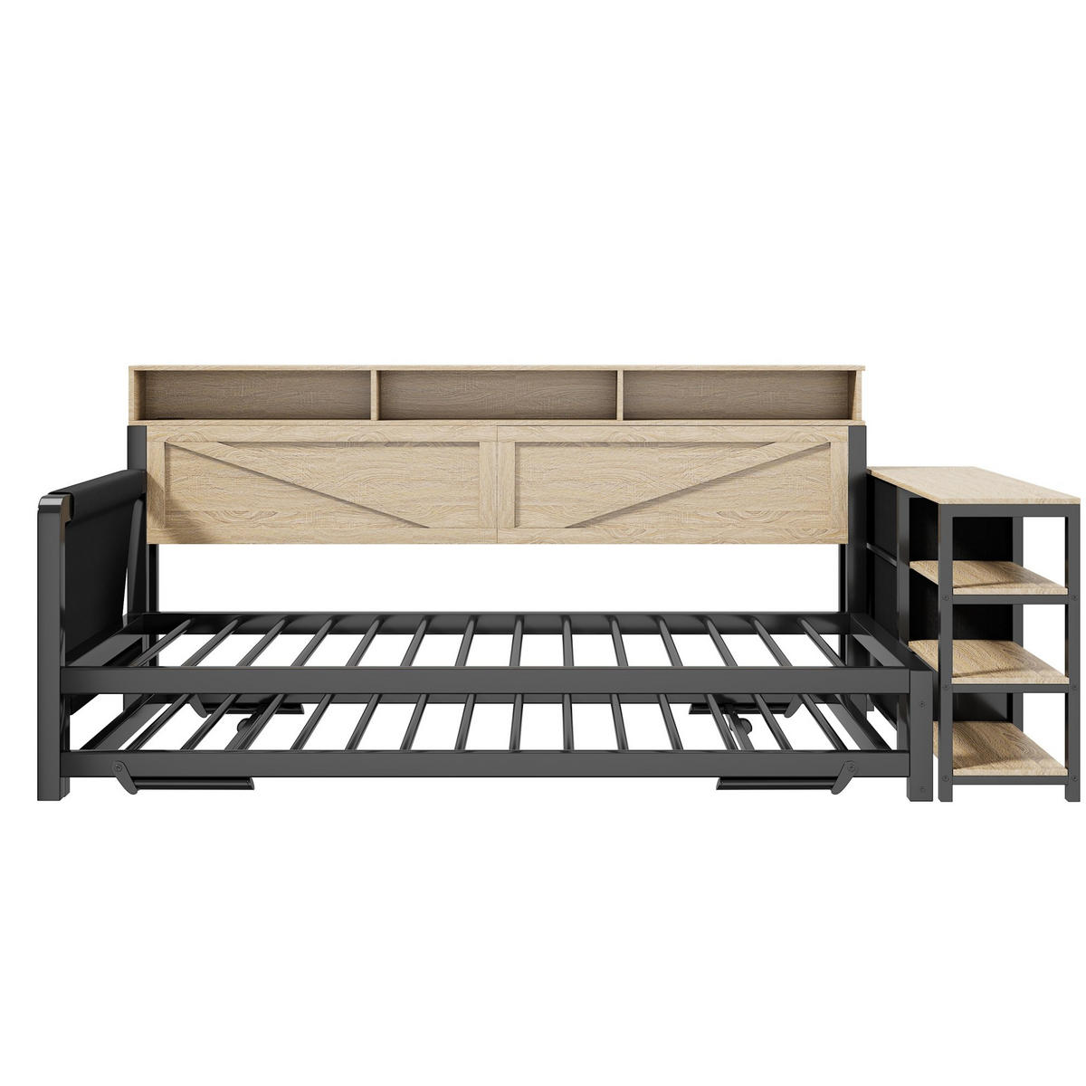 TAGESBETT 90/200 cm mit Ausziehbett, Stauraum, LED und USB, Metall/MDF, Schwarz - Schwarz, Holzwerkstoff (90/200cm) - Redom