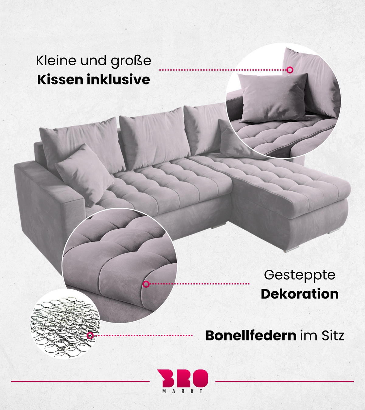 ECKSOFA Luis mit Schlaffunktion Puderrosa Samt - Silberfarben/Rosa, Kunststoff/Textil (148/238cm) - Bromarkt