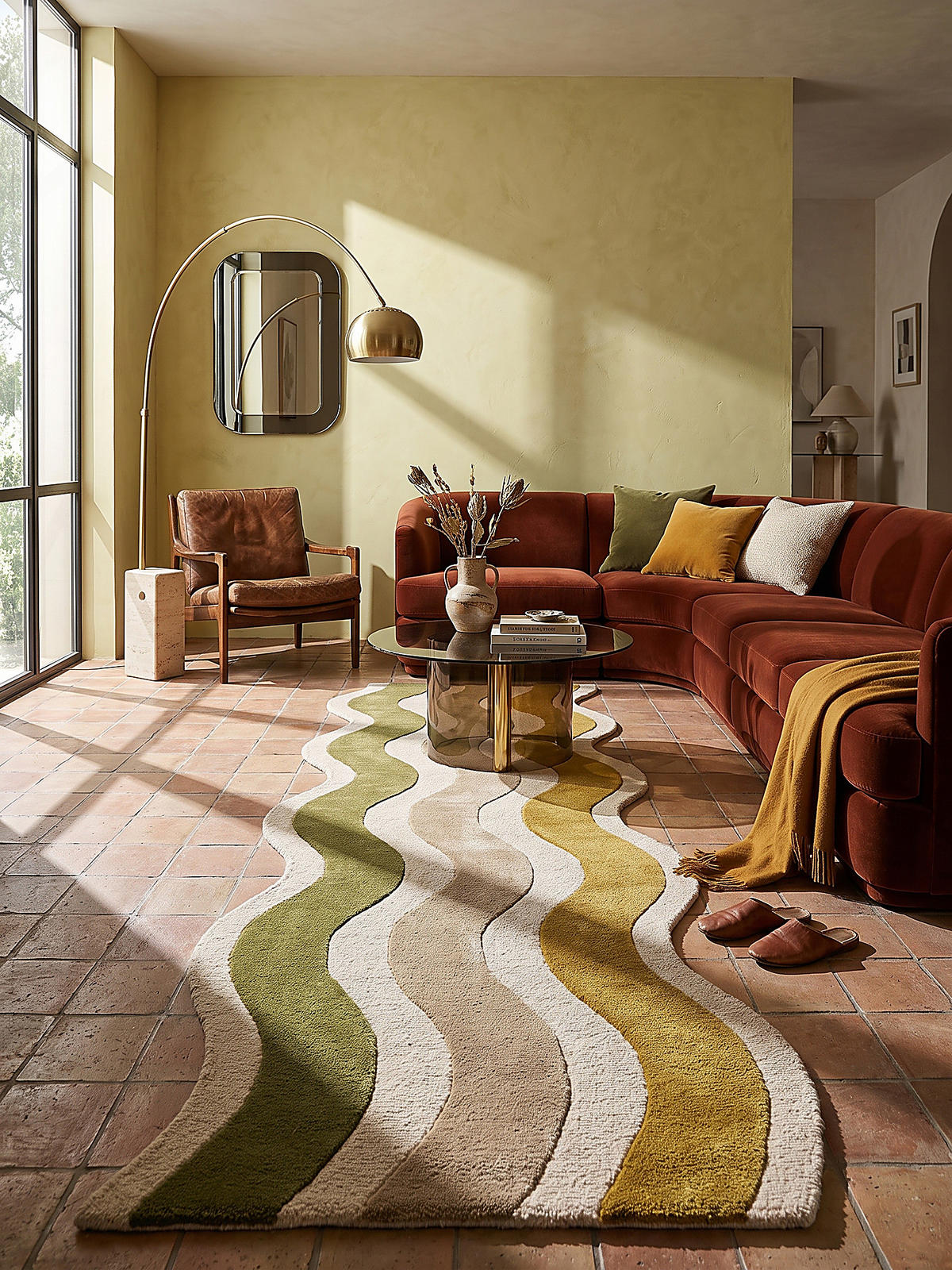 LÄUFER handgetuftet MONNOW, in Erdtöne-Grün, Wellenstreifen, 80 x 300 cm - Grün, Textil (80/300cm) - KADIMA DESIGN