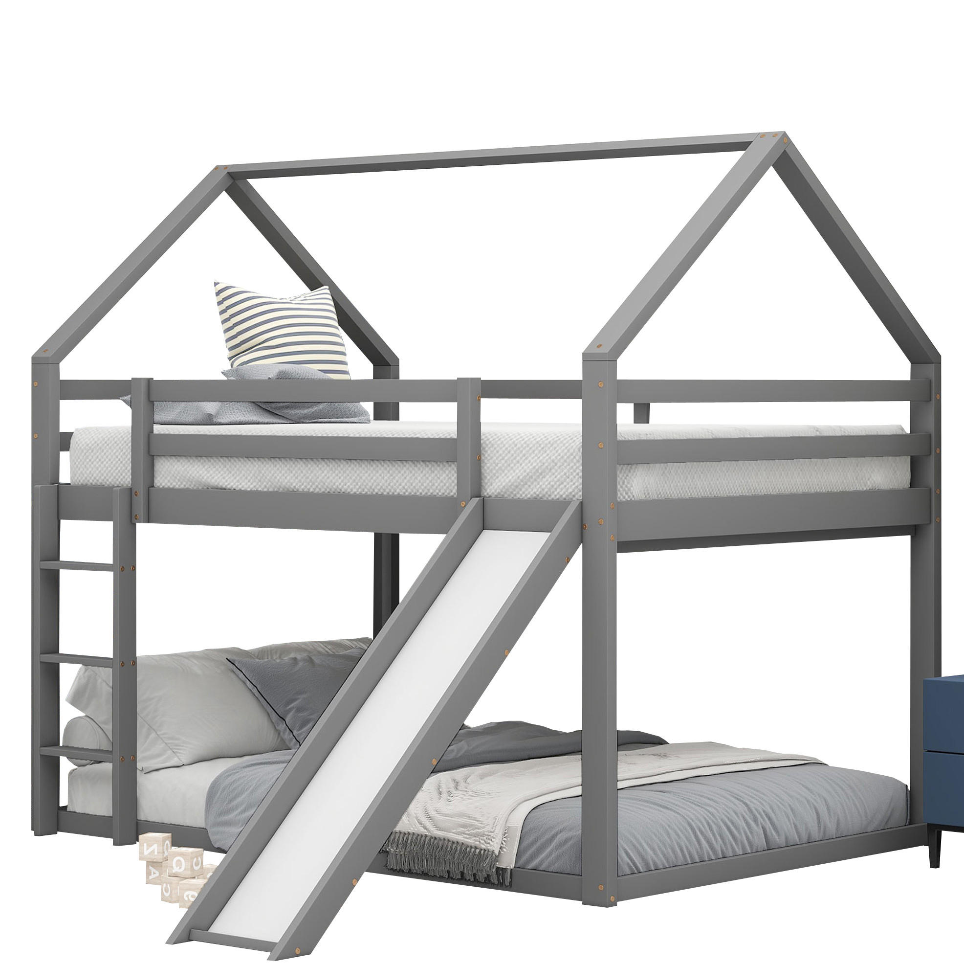 ETAGENBETT aus Kiefer und MDF 140x200 cm Grau mit Rutsche, Leiter und Hausform - Grau, Holzwerkstoff (140/200cm) - Modfu