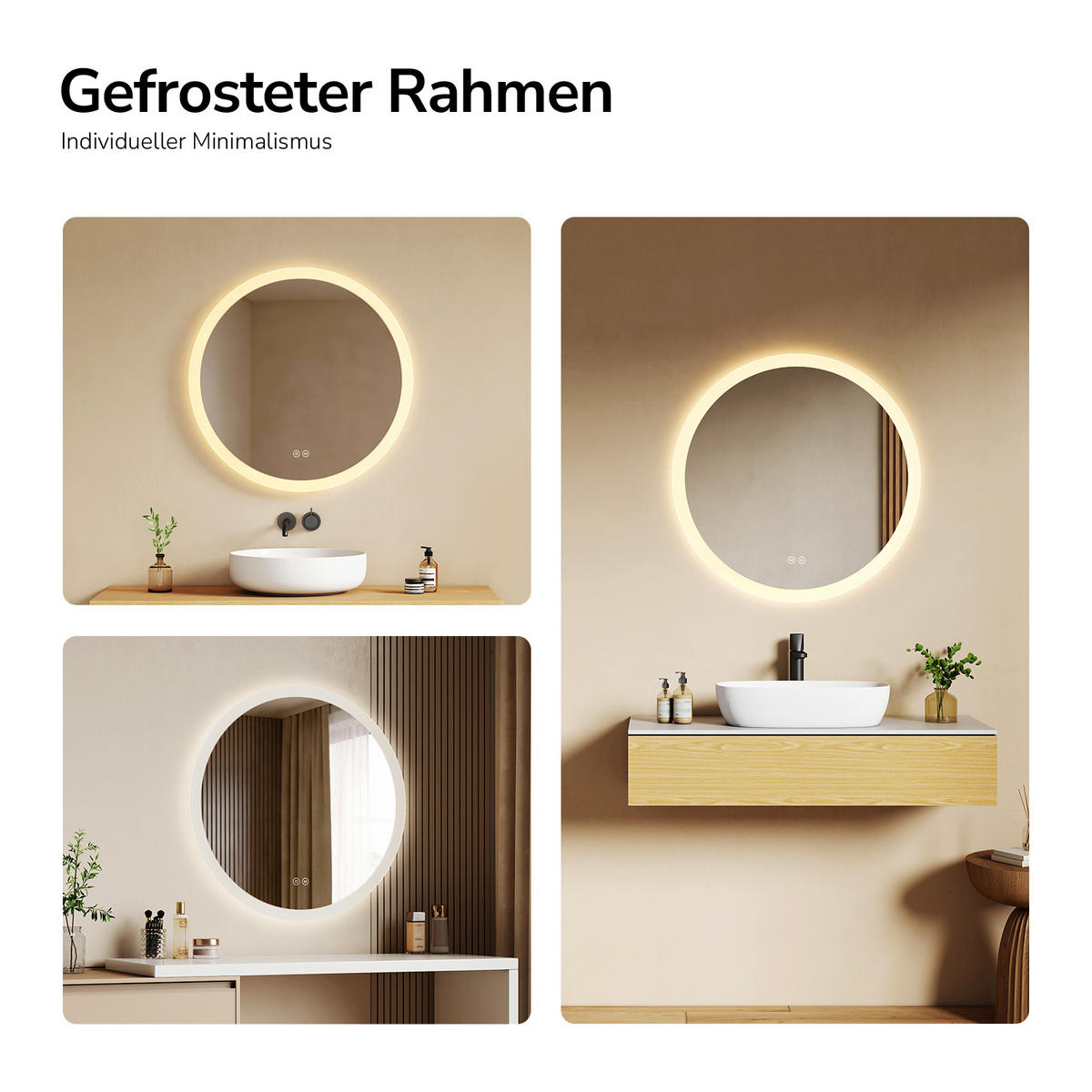 BADSPIEGEL Rund mit LED-Beleuchtung Lichtrand, 3 Lichtfarben, beschlagfrei, Ø 60 cm - Transparent, Glas (60/60/3.5cm) - EMKE
