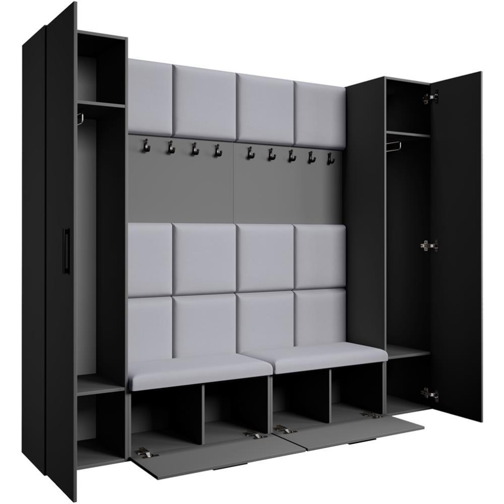 GARDEROBE Margaret XL 242/203/43 mit gepolsterten Paneelen und Schuhschrank - Schwarz/Graphitfarben, Holzwerkstoff/Kunststoff (242/203/43cm) - Beautysofa