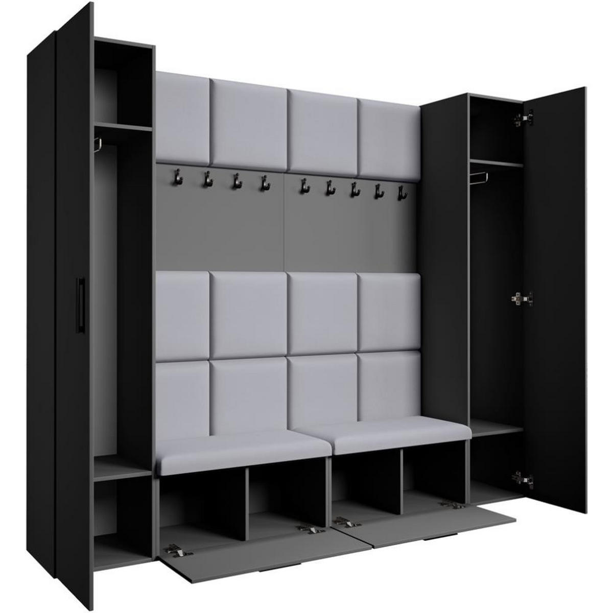 GARDEROBE Margaret XL 242/203/43 mit gepolsterten Paneelen und Schuhschrank - Schwarz/Graphitfarben, Holzwerkstoff/Kunststoff (242/203/43cm) - Beautysofa