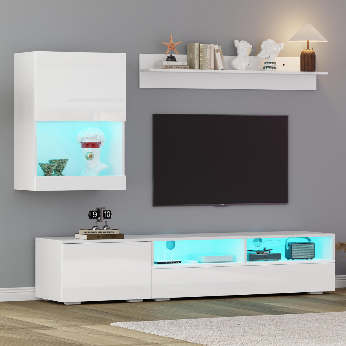 TV-ELEMENT3-TLG 175cm TV-Wohnwand-Set Weiß Hochglanz mit LED für TVs bis 80 Zoll - Weiß, Holz (64.64/13.46/84.71cm) - Raelunyi
