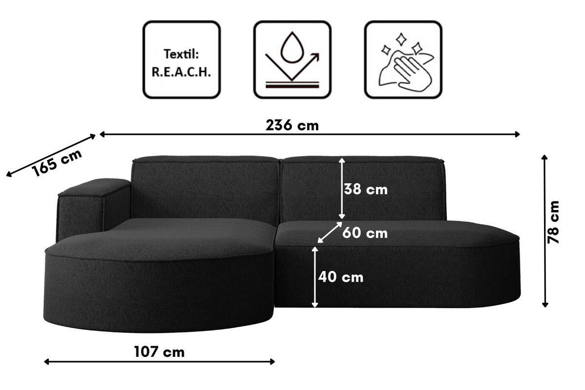 ECKSOFA MODENA L STUDIO Stoff Verita Anthrazit Links - Schwarz, Holz (165/236cm) - Kaiser Möbel