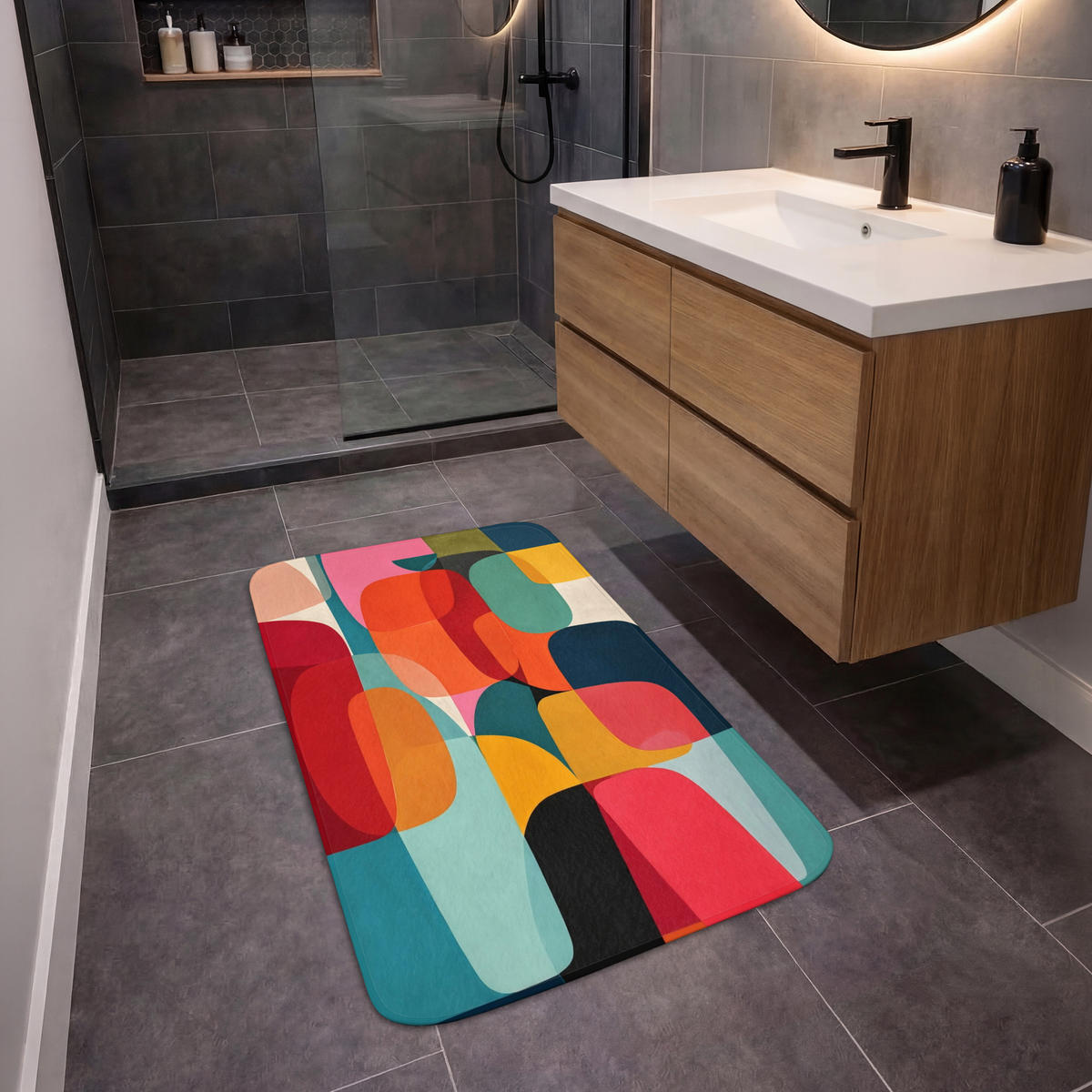 KOUPELNOVÁ PŘEDLOŽKA Tvary - barevné - abstraktní - letadla 60x90 cm - různobarevná, textil/plast (60/90cm) - OnlyWow