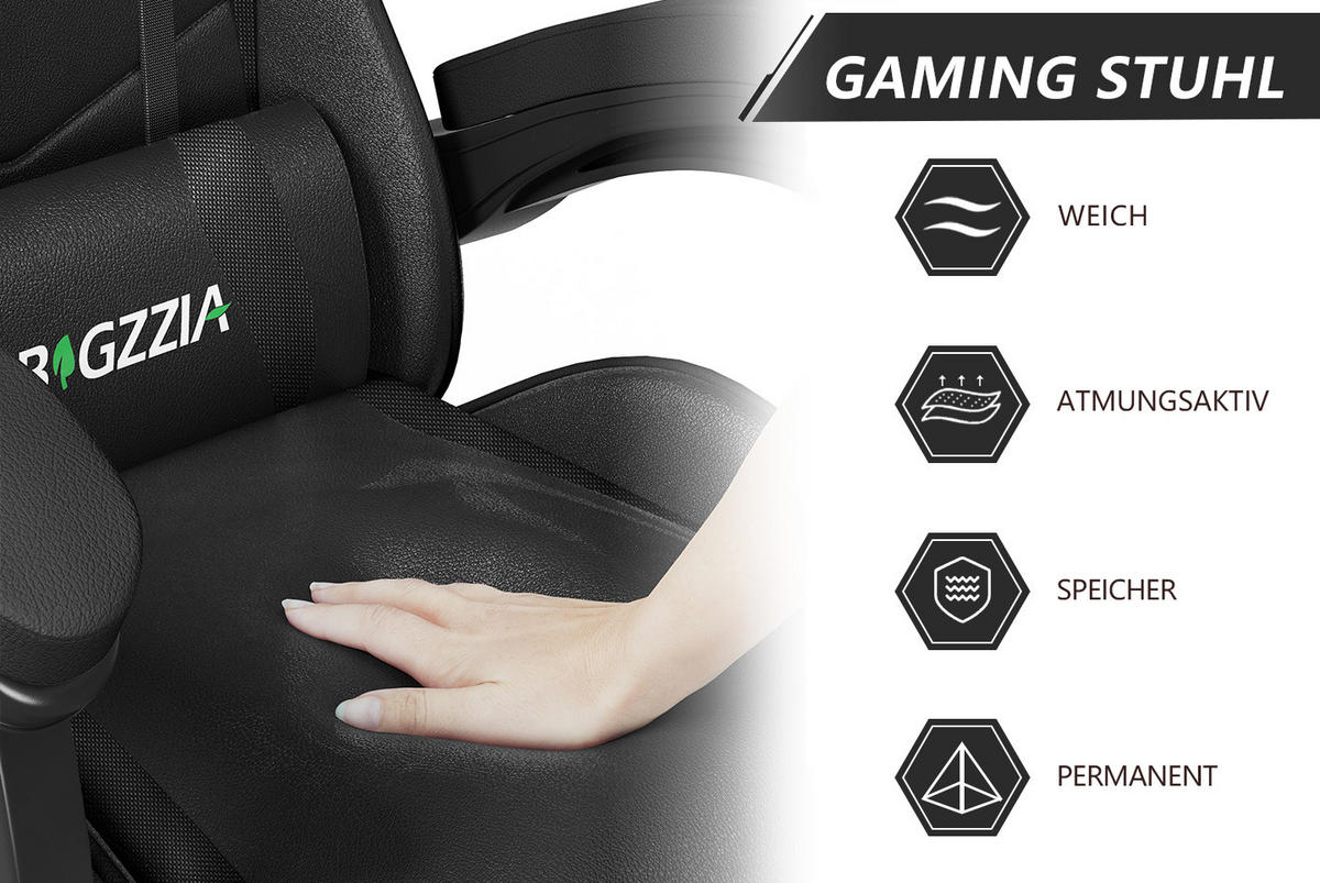 GAMING-STUHL ergonomisch, verstellbare Rückenlehne, Kissen – Schwarz - Schwarz, Leder (59/120/56cm) - Rattantree