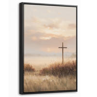 LEINWAND Bilder mit Rahmen - Gras - Morgennebel - Kreuz - Christentum - 20x30 - Beige, Textil (20/30cm) - MuchoWow