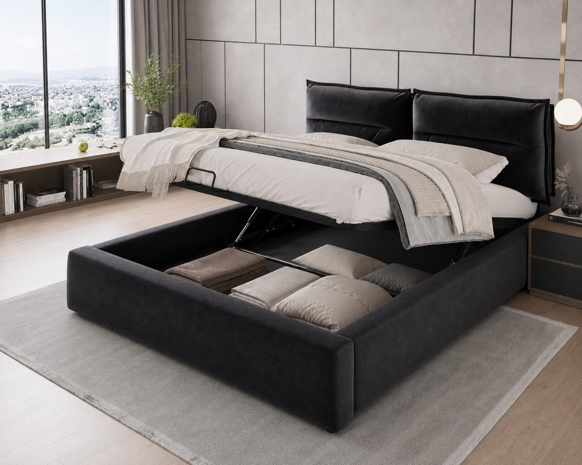 POLSTERBETT 140/200 cm Schwarz mit Verstellbares Kopfteil, Ohne Matratze - Schwarz, Textil (140/200cm) - Oxeza