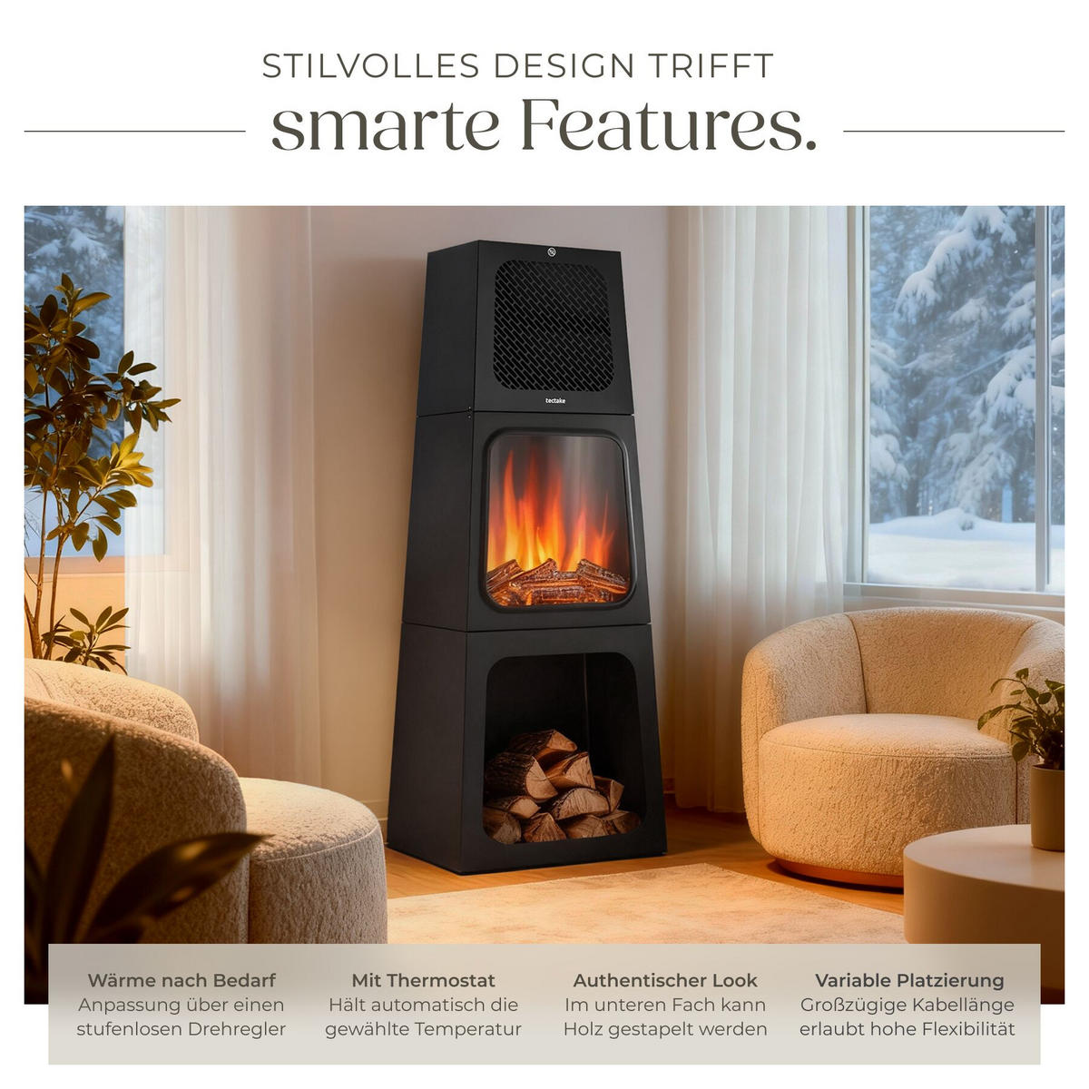 ELEKTROKAMIN Soleil,integriertes Thermostat,schwarz - Schwarz, Metall (45/120/35cm) - tectake