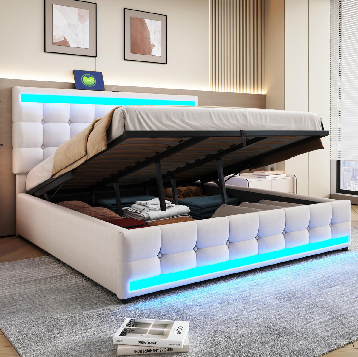 POLSTERBETT 180/200 cm Beige mit LED-Beleuchtung und USB-Anschlüssen - Beige, Textil (180/200cm) - OKWISH