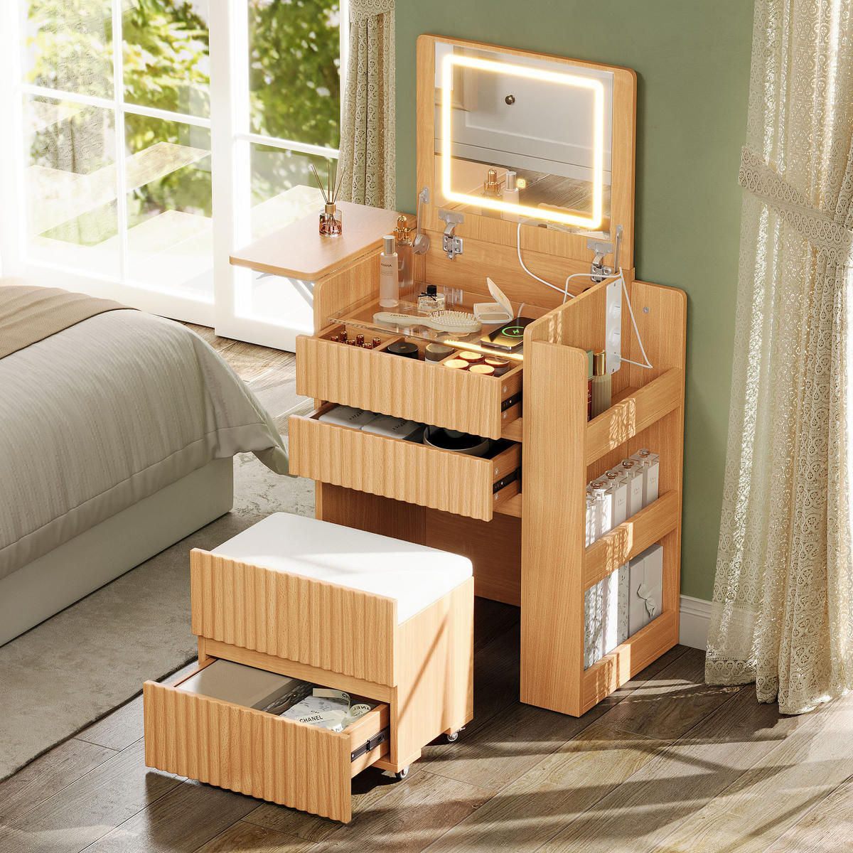 SCHMINKTISCH LED Spiegel USB Hocker 3 Schubladen Modern - Naturfarben, Holzwerkstoff (79/120/40cm) - FLIEKS