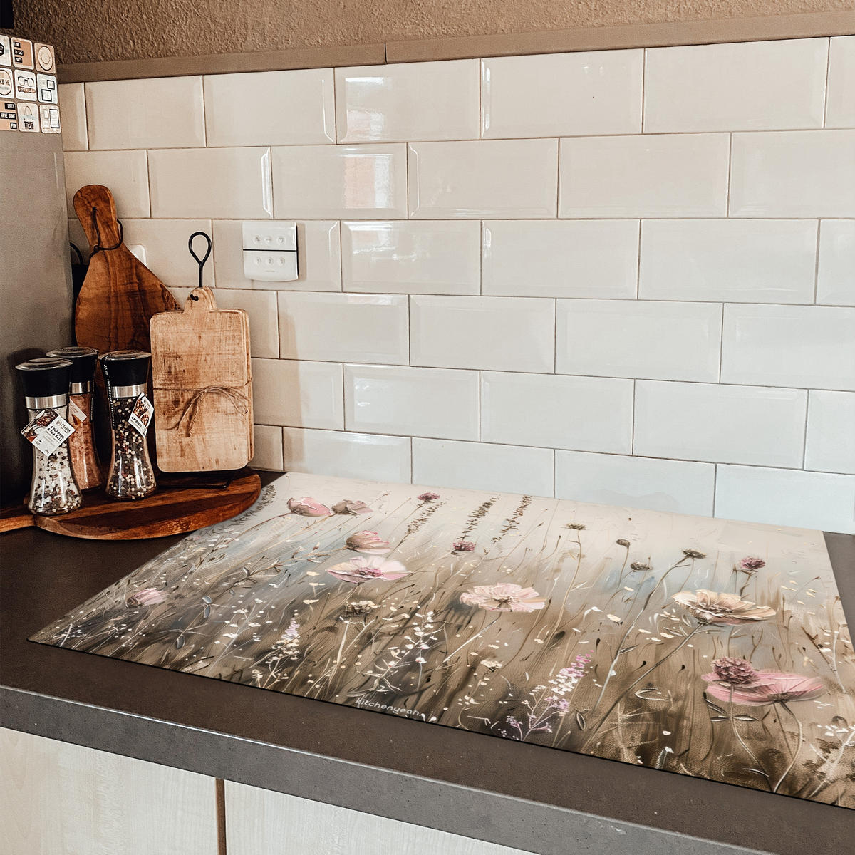 HERDABDECKPLATTE Blumen - Beige - Trockenblumen 81x52 cm - Beige, Kunststoff (81/0.2/52cm) - MuchoWow