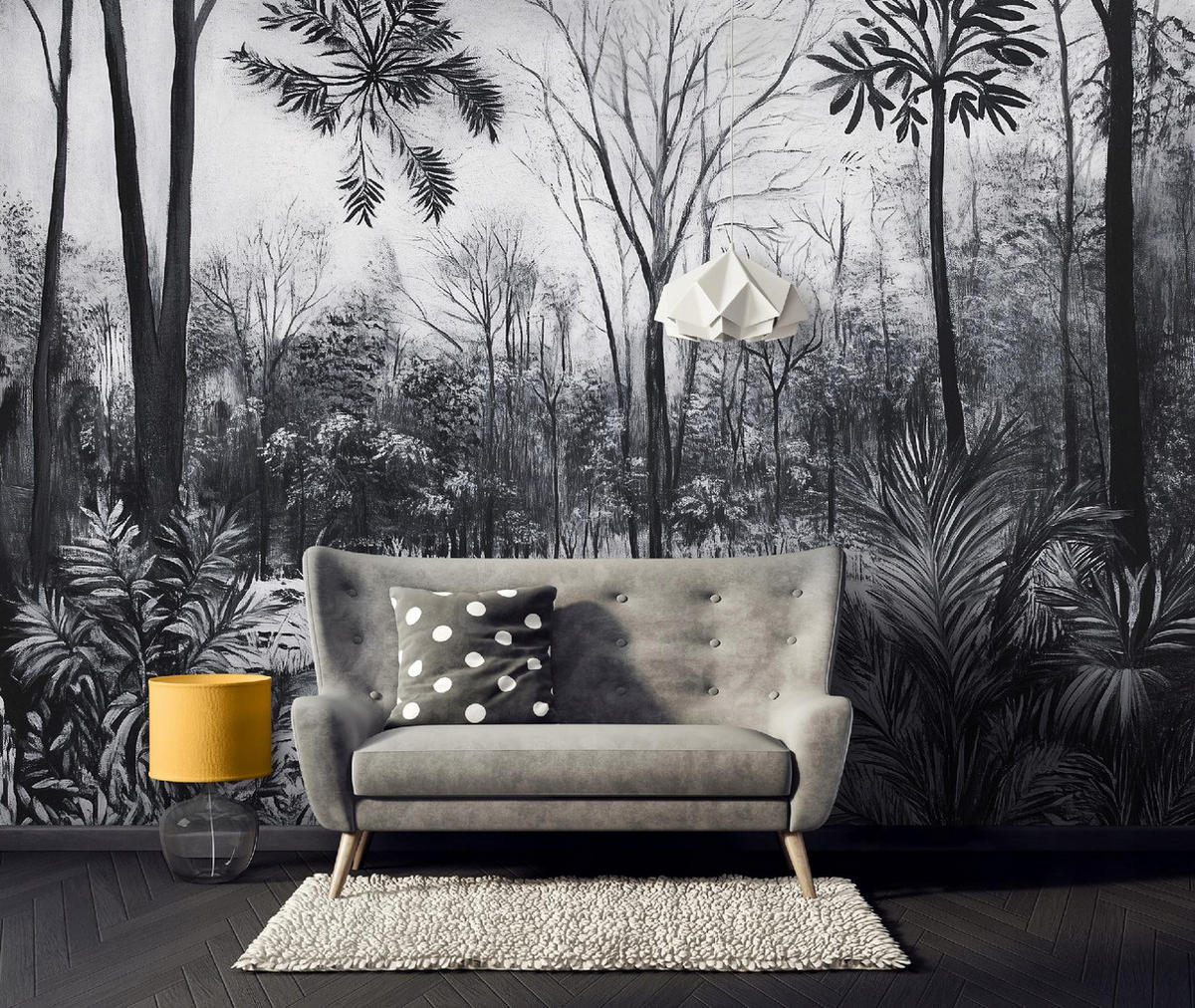 FOTOTAPETE Wald Schwarz Weiß Vlies Tapete Wohnzimmer 350x250 - Multicolor, Papier (350/250cm) - Wallarena