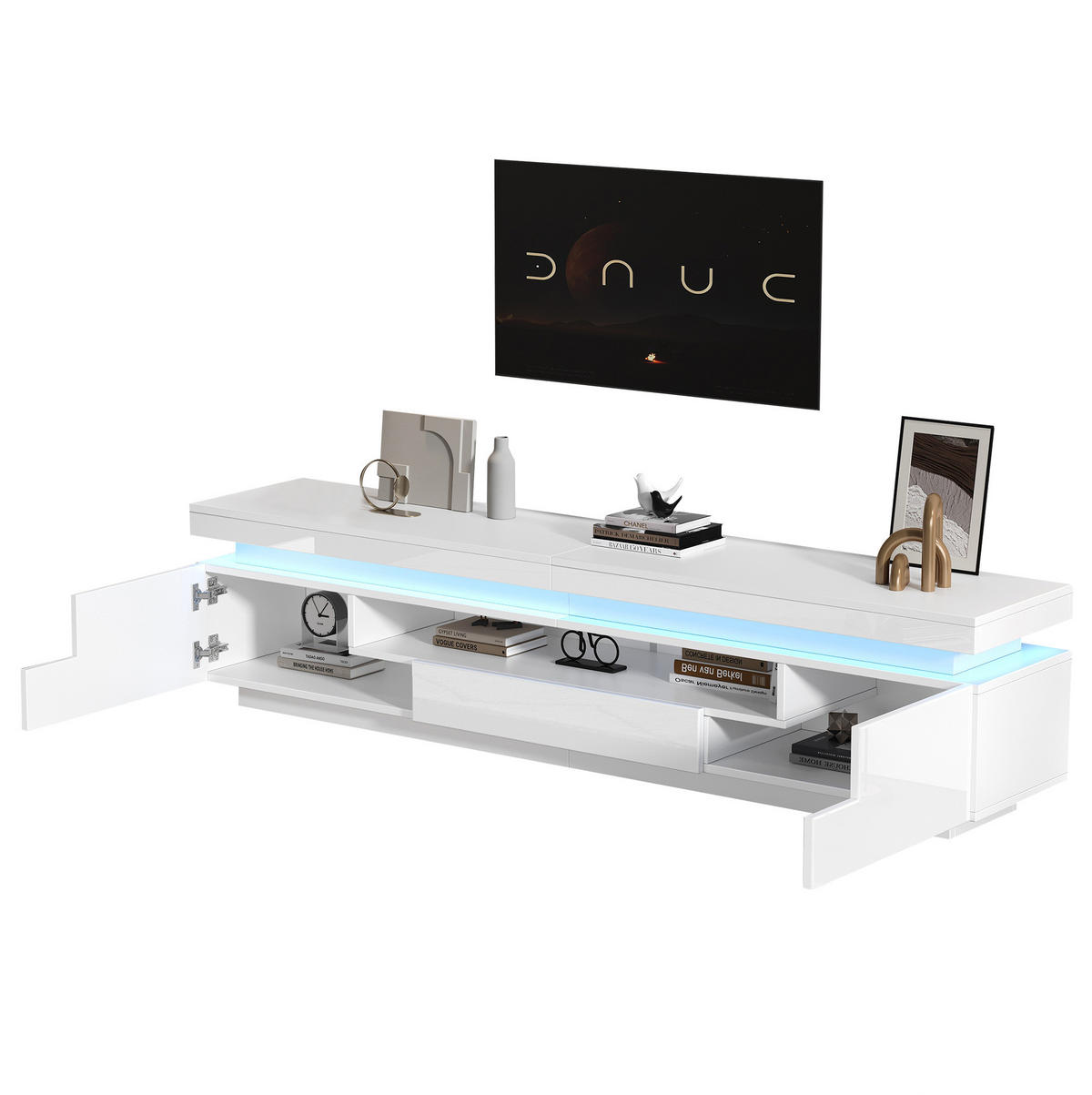 TV-LOWBOARD aus Spanplatte 175x38x45 cm Weiß mit LED-Beleuchtung, 2 Schränken, 1 Schublade und Hochglanzfront - Weiß, Holzwerkstoff (175/45/38cm) - Modfu