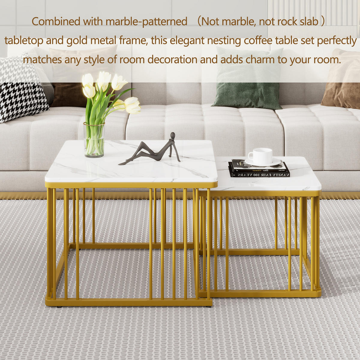 COUCHTISCH 60/60/45 cm + 45/45/40 cm weiß aus MDF mit Hochglanz-Marmoroptik, ineinander schiebbar - Weiß, Holzwerkstoff (60/60/45cm) - OKMYHOME
