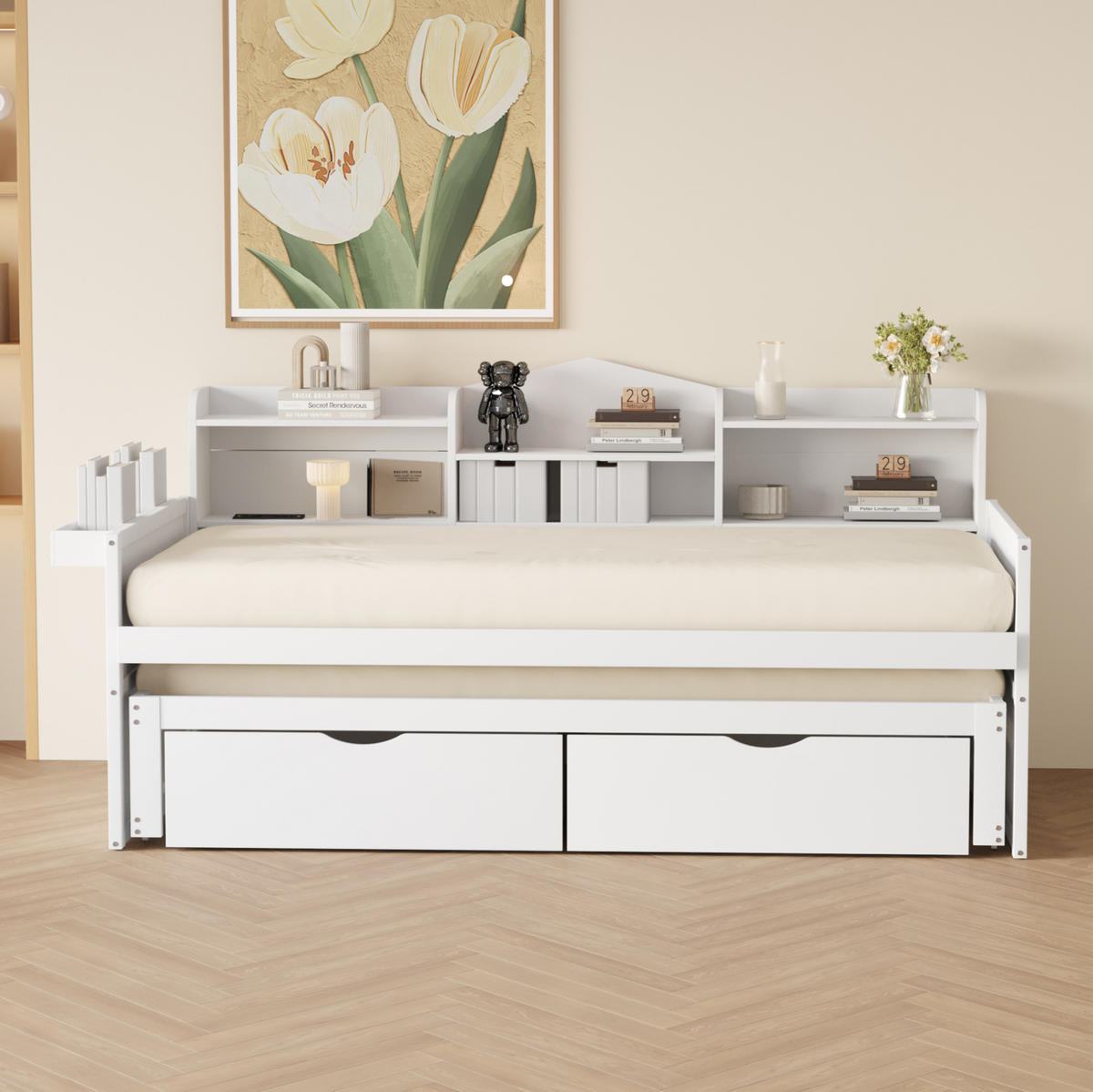 SCHLAFSOFA 90/200 cm mit Ausziehbett, USB-Anschluss und Stauraum, Holz, Weiß - Weiß, Holz (204.6/100/110cm) - Redom