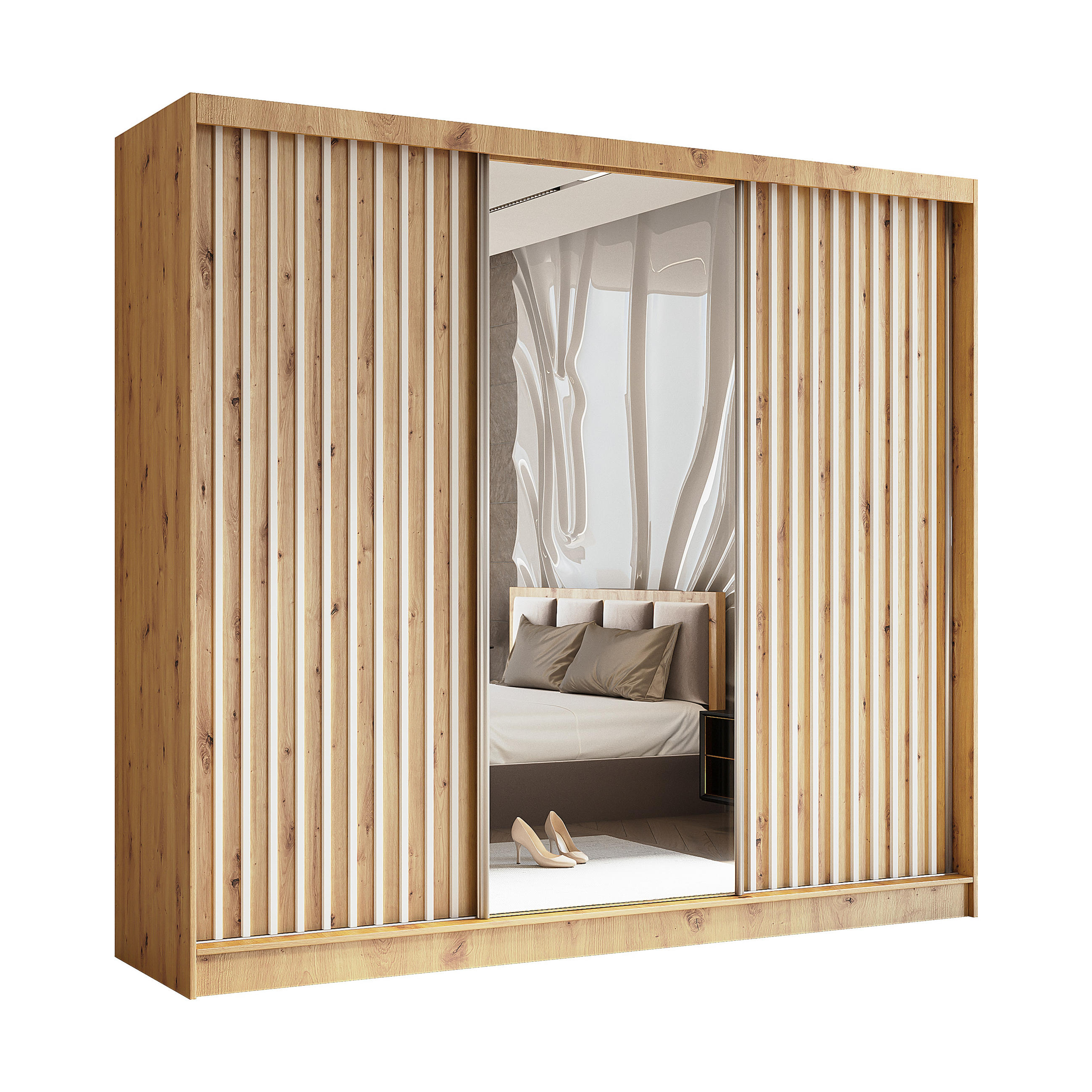 SCHWEBETÜRENSCHRANK LAMELLO 240/216/61 cm 3-türig mit Spiegel Eiche Artisan - Eiche Artisan, Holzwerkstoff (240/216/61cm) - MASSENO