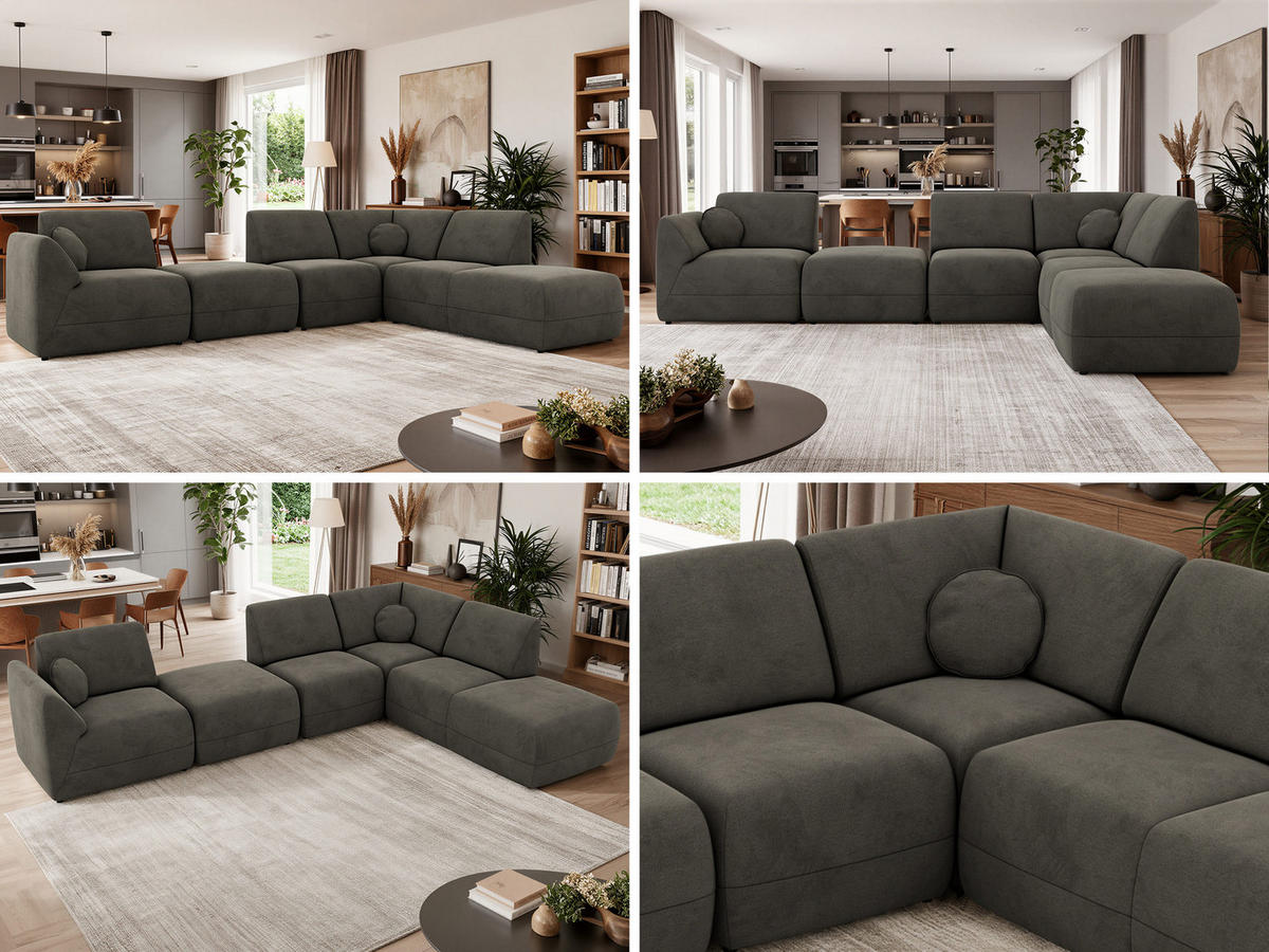 ROHOVÁ SEDAČKA NOARA 6M L Tmavě šedá Samet - Pravá - černá/tmavě šedá, textil/plast (355/244cm) - MKS