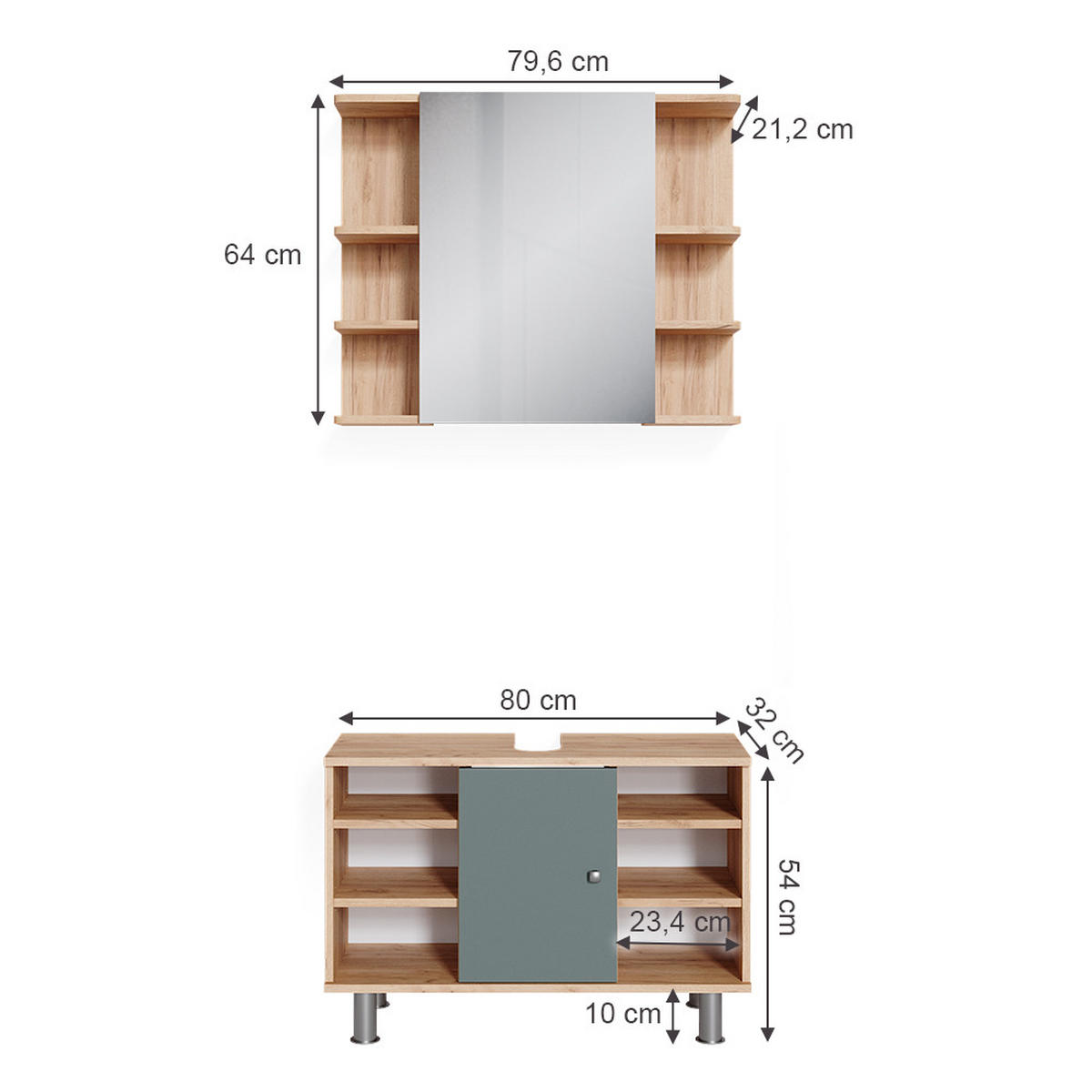 BADMÖBEL-SET Fynn Grün 2 Teile, Unterschrank 80 cm - Honigeiche/Grün, Holzwerkstoff (60/54/32cm) - Vicco